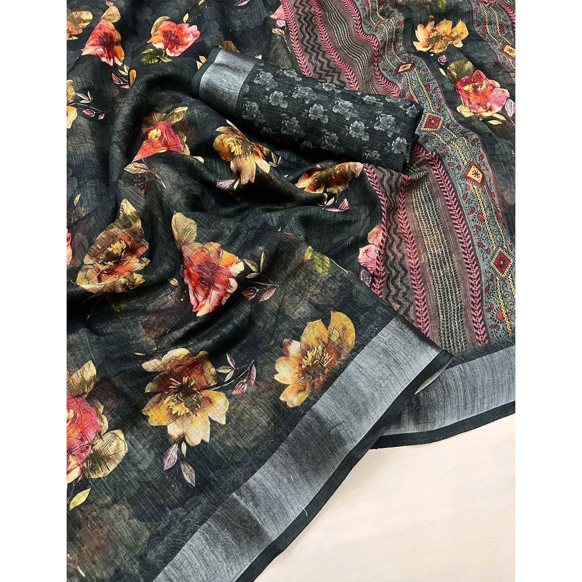 Black Floral Digital Printed Linen Saree With Zari Border