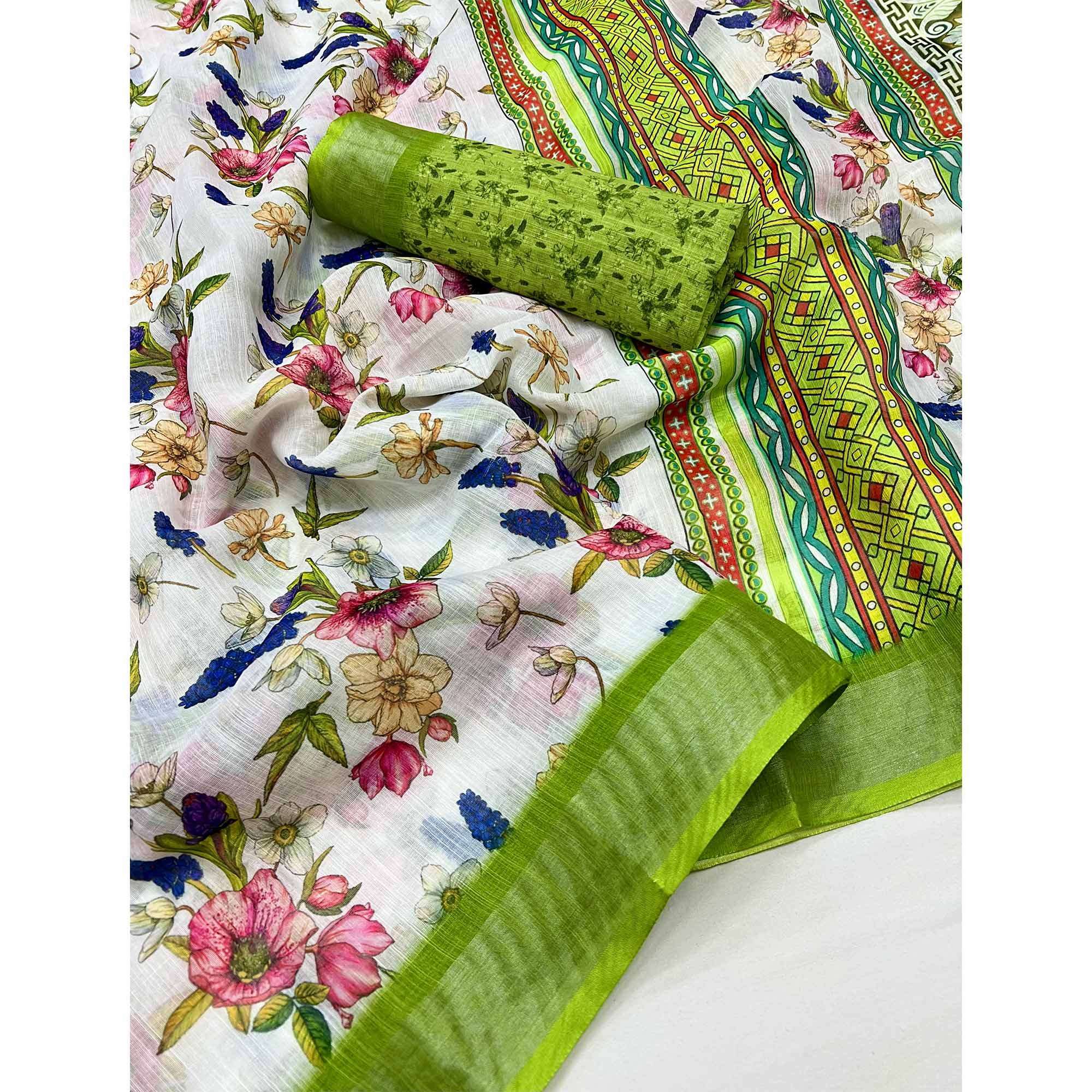 White & Green Floral Digital Printed Linen Saree With Zari Border