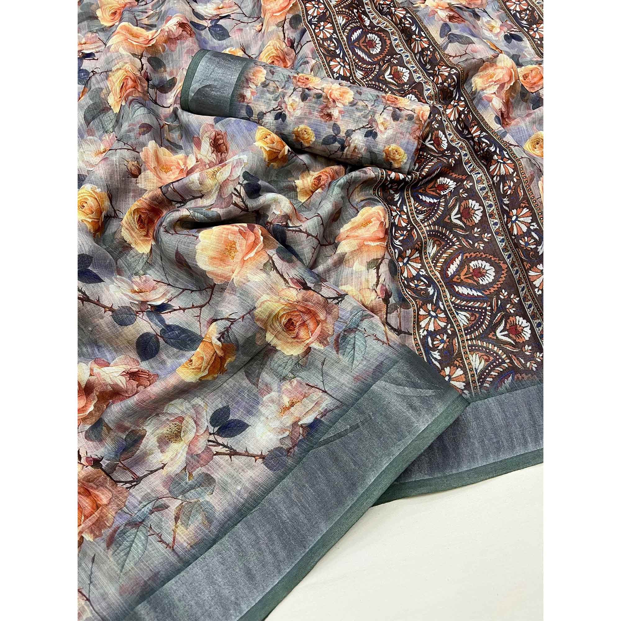 Grey Floral Digital Printed Linen Saree With Zari Border