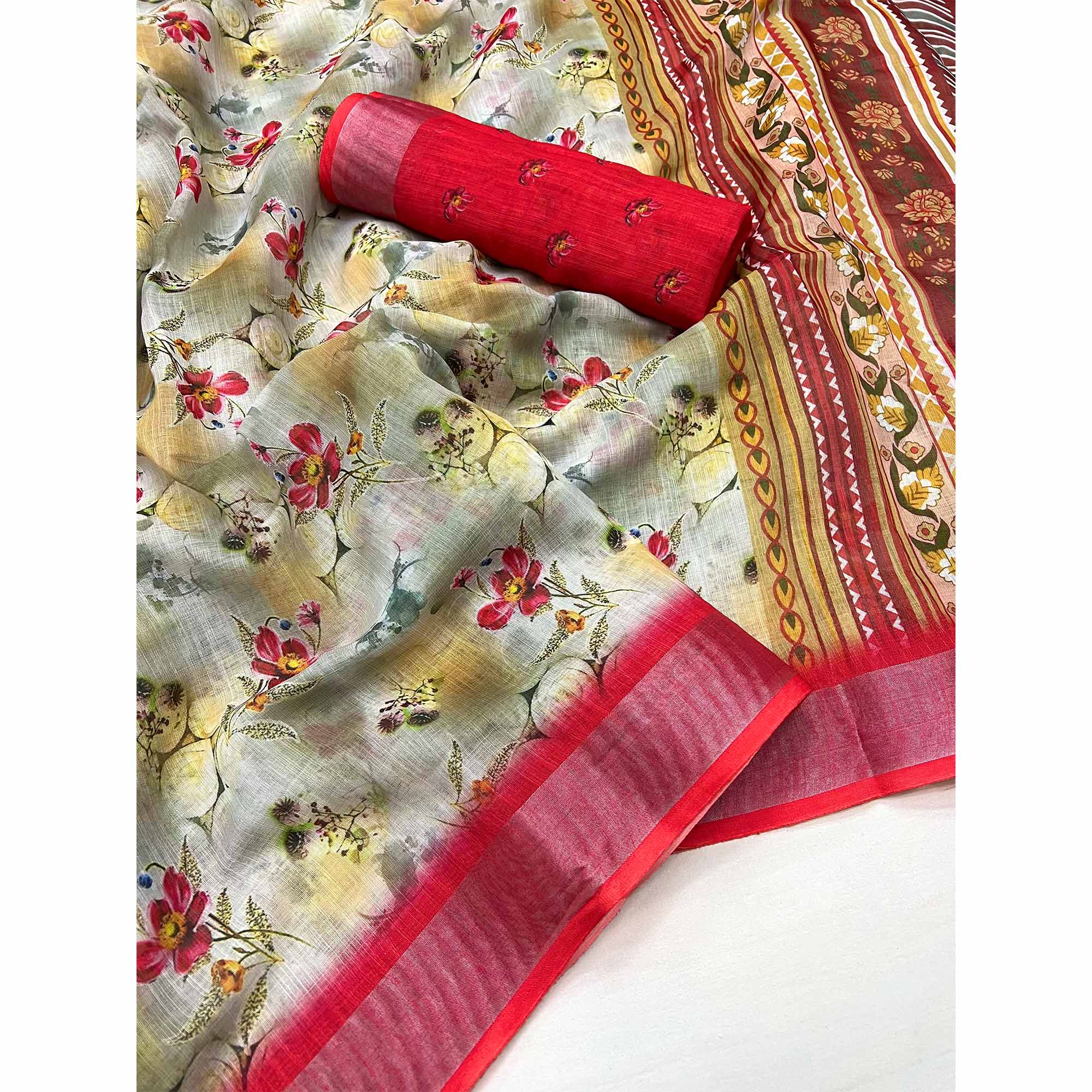 Grey & Pink Floral Digital Printed Linen Saree With Zari Border