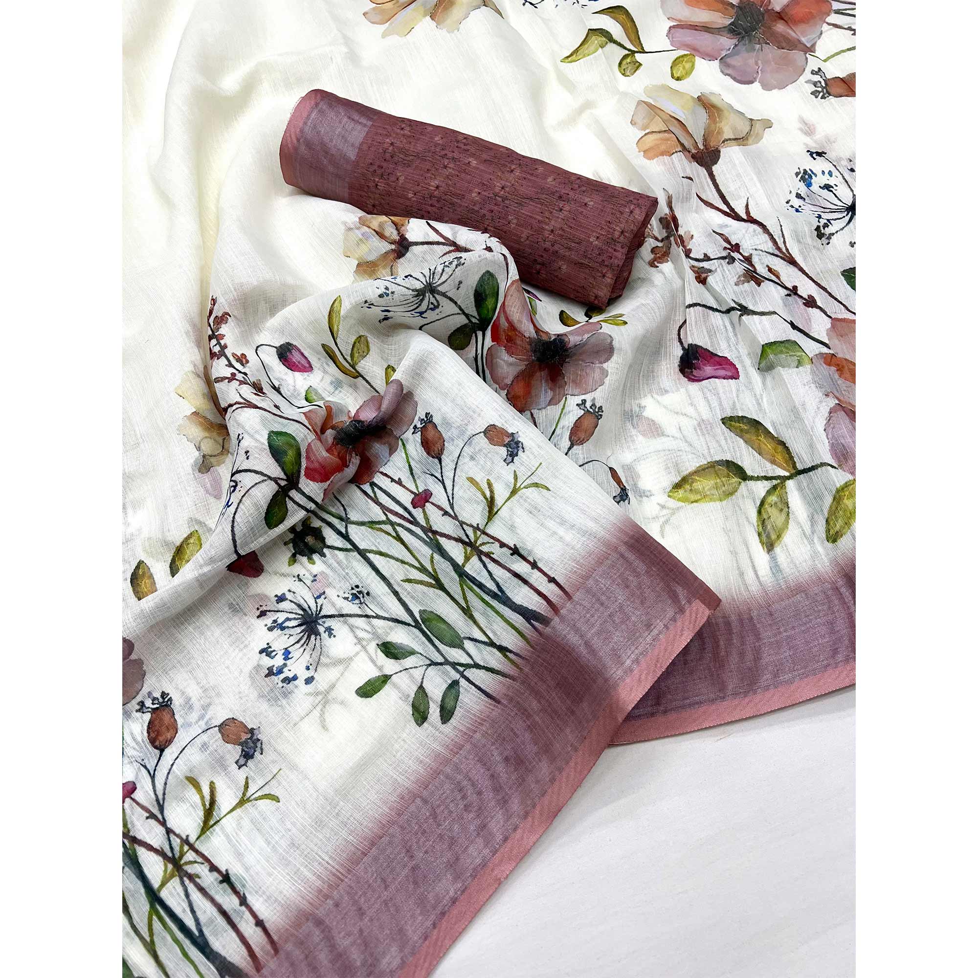 Cream Floral Digital Printed Linen Saree With Zari Border