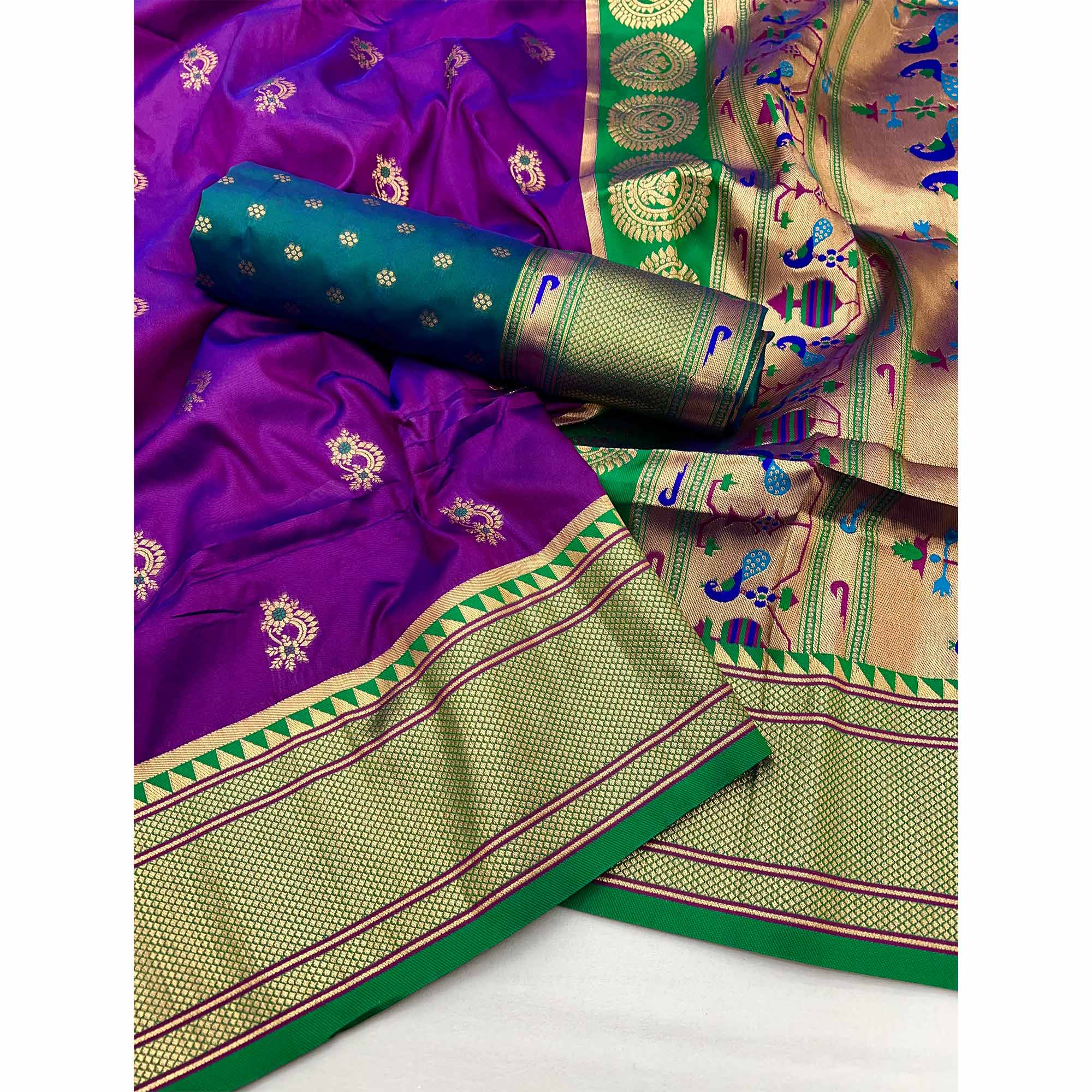 Violet Floral Woven Pure Silk Saree