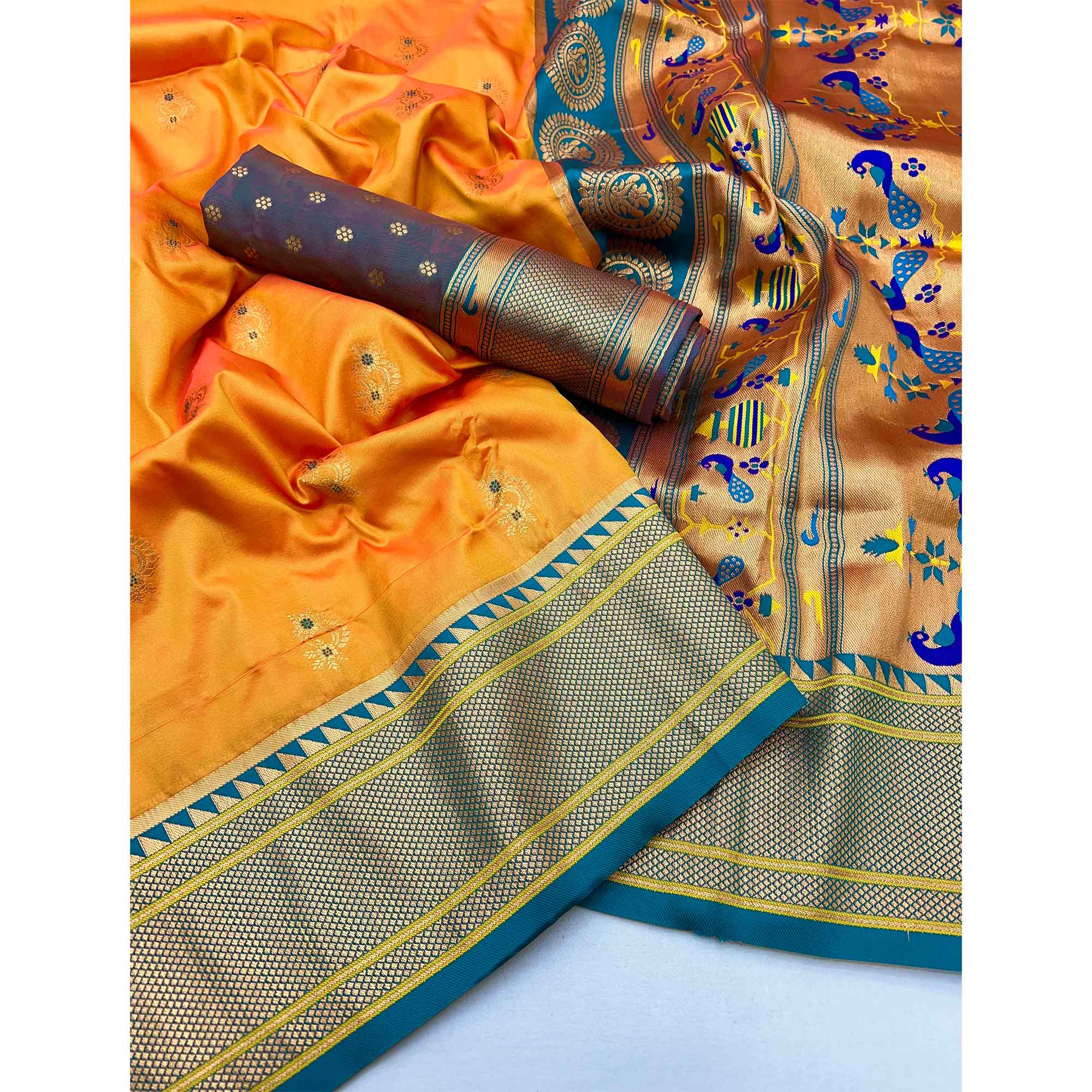 Mustard Floral Woven Pure Silk Saree