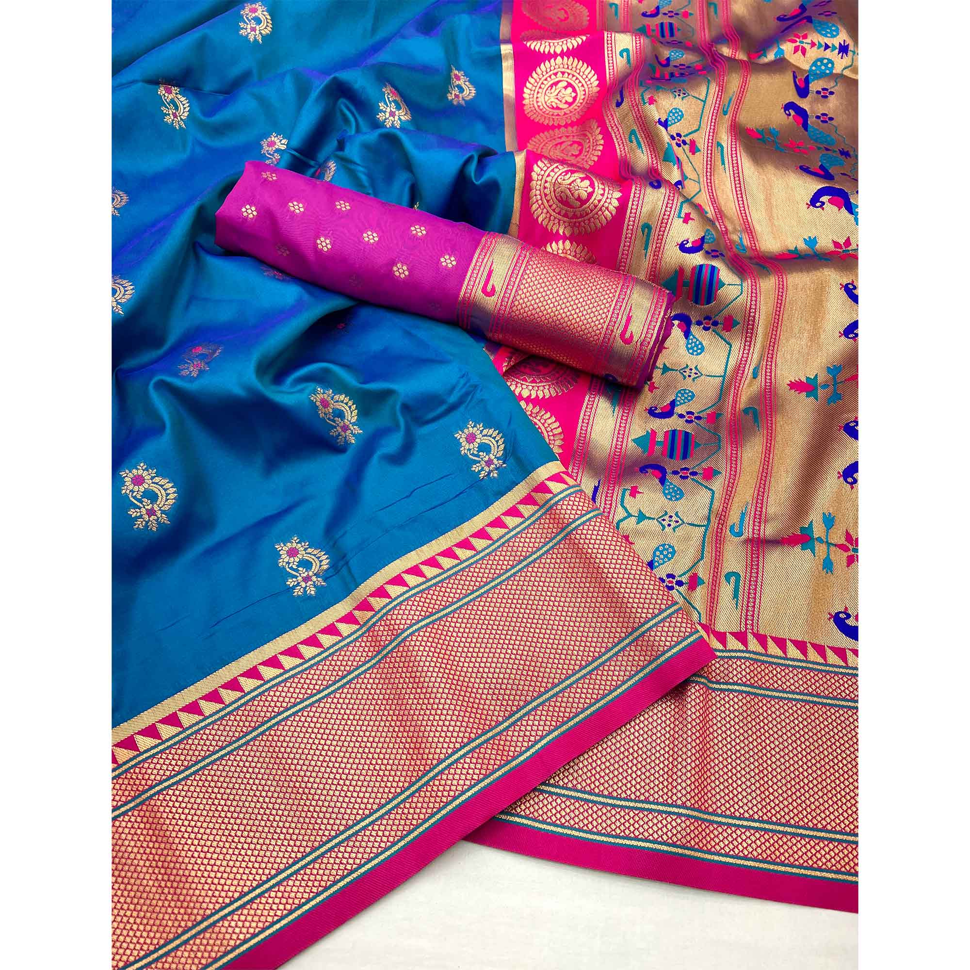 Morpich Blue Floral Woven Pure Silk Saree