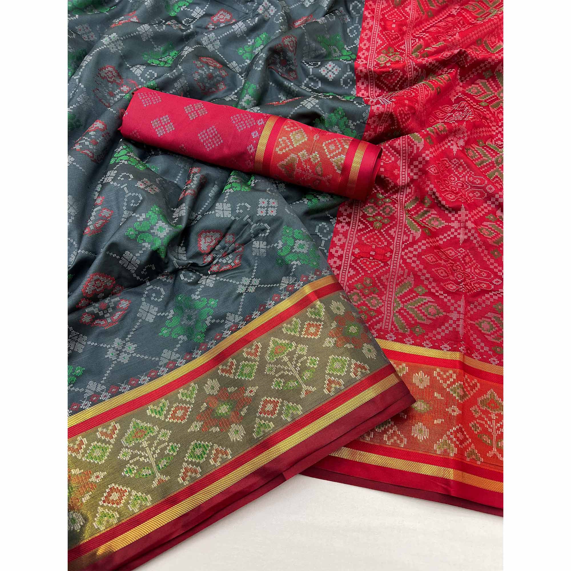 Grey Woven Art Silk Patola Saree