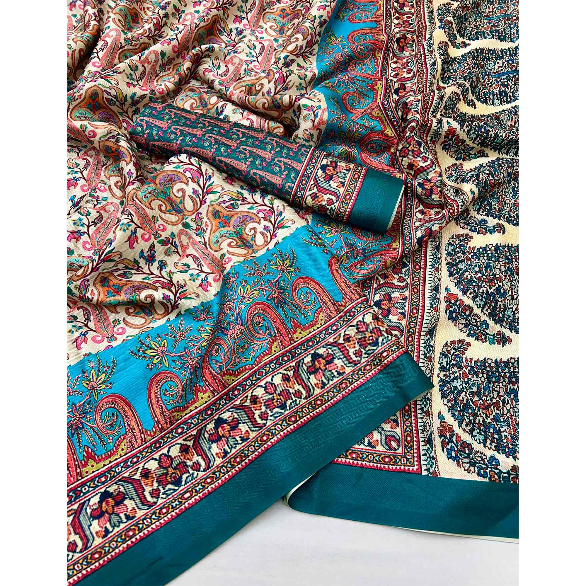 Cream & Blue Floral Digital Printed Pashmina Saree