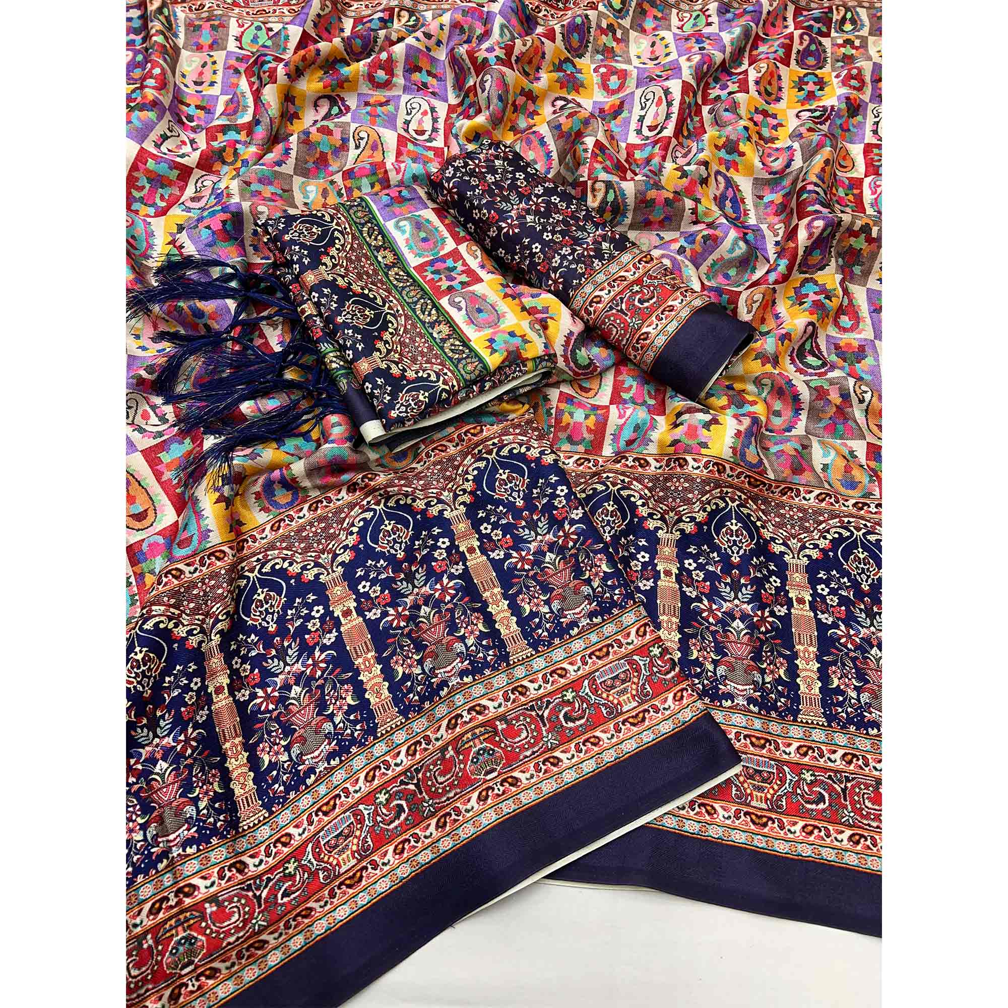 Multicolor Floral Digital Printed Pashmina Saree With Shawl