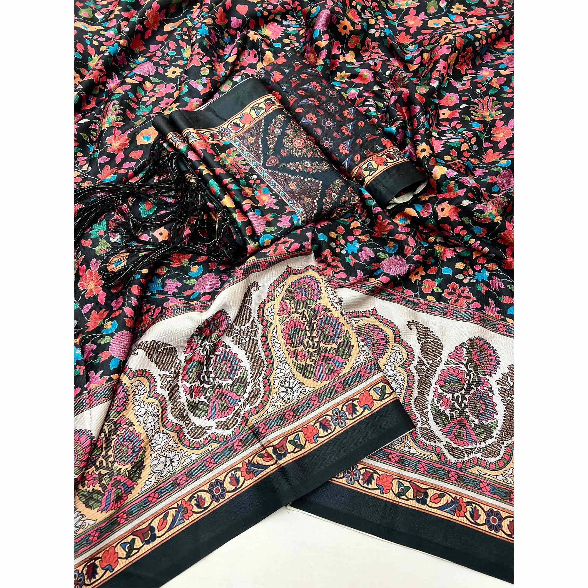 Black Floral Digital Printed Pashmina Saree With Shawl