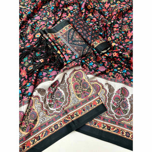 Black Floral Digital Printed Pashmina Saree With Shawl