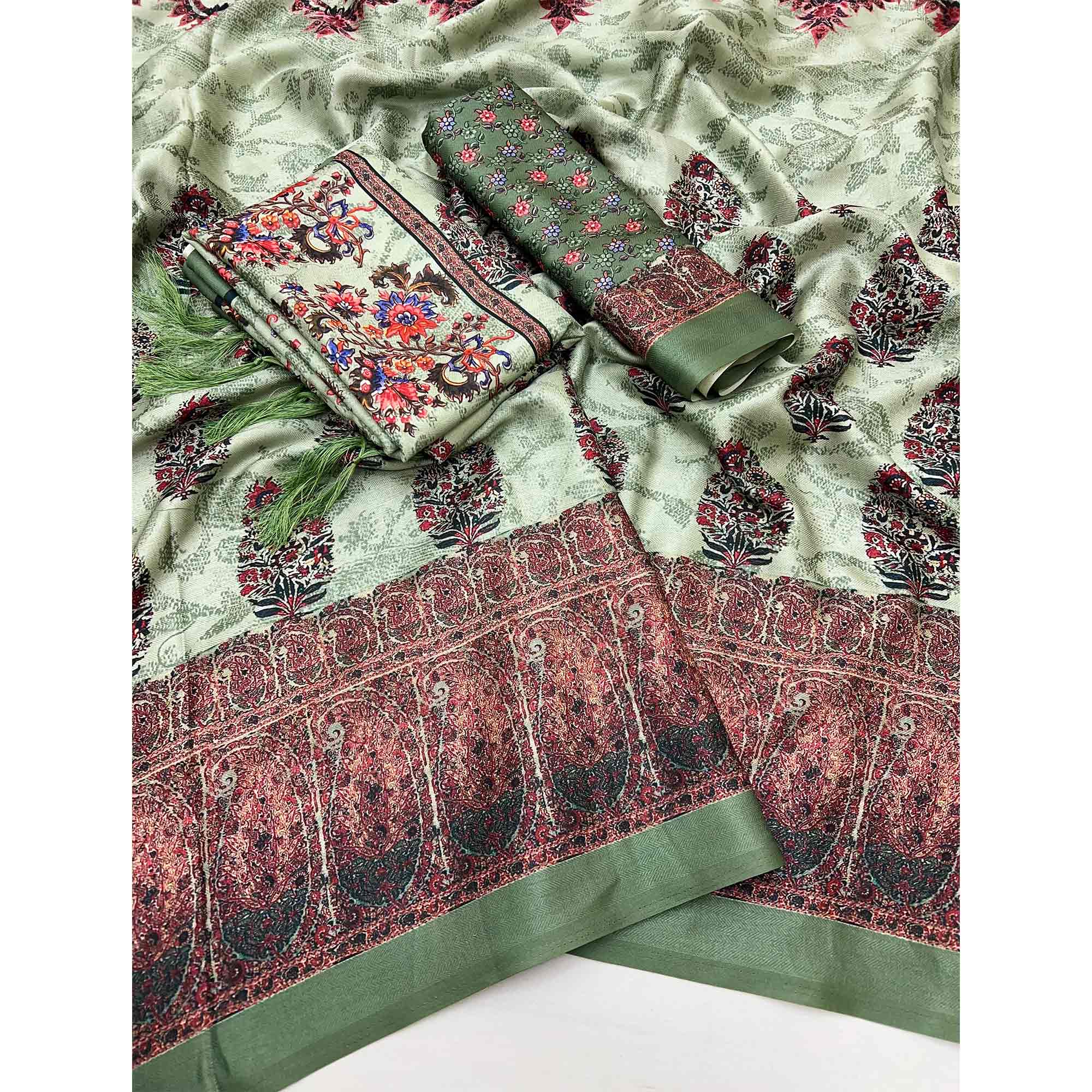 Green Floral Digital Printed Pashmina Saree With Shawl