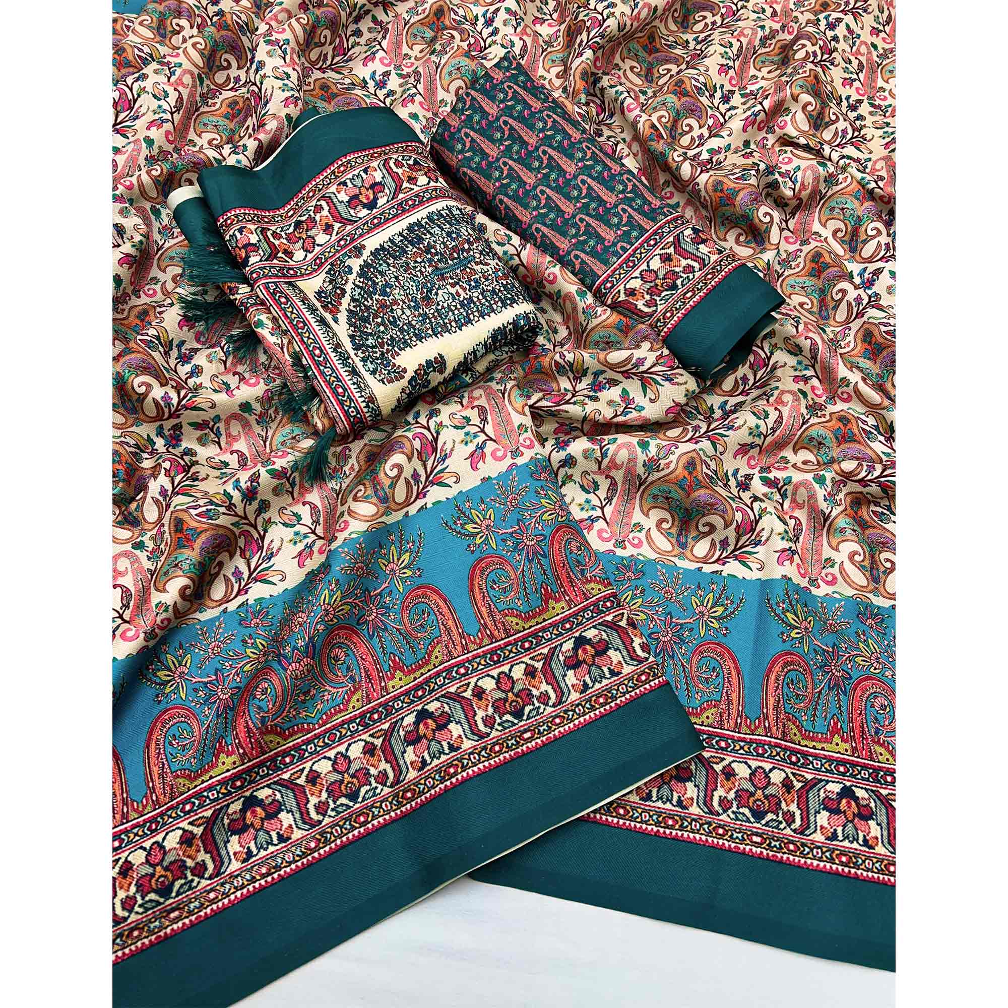 Cream Floral Digital Printed Pashmina Saree With Shawl