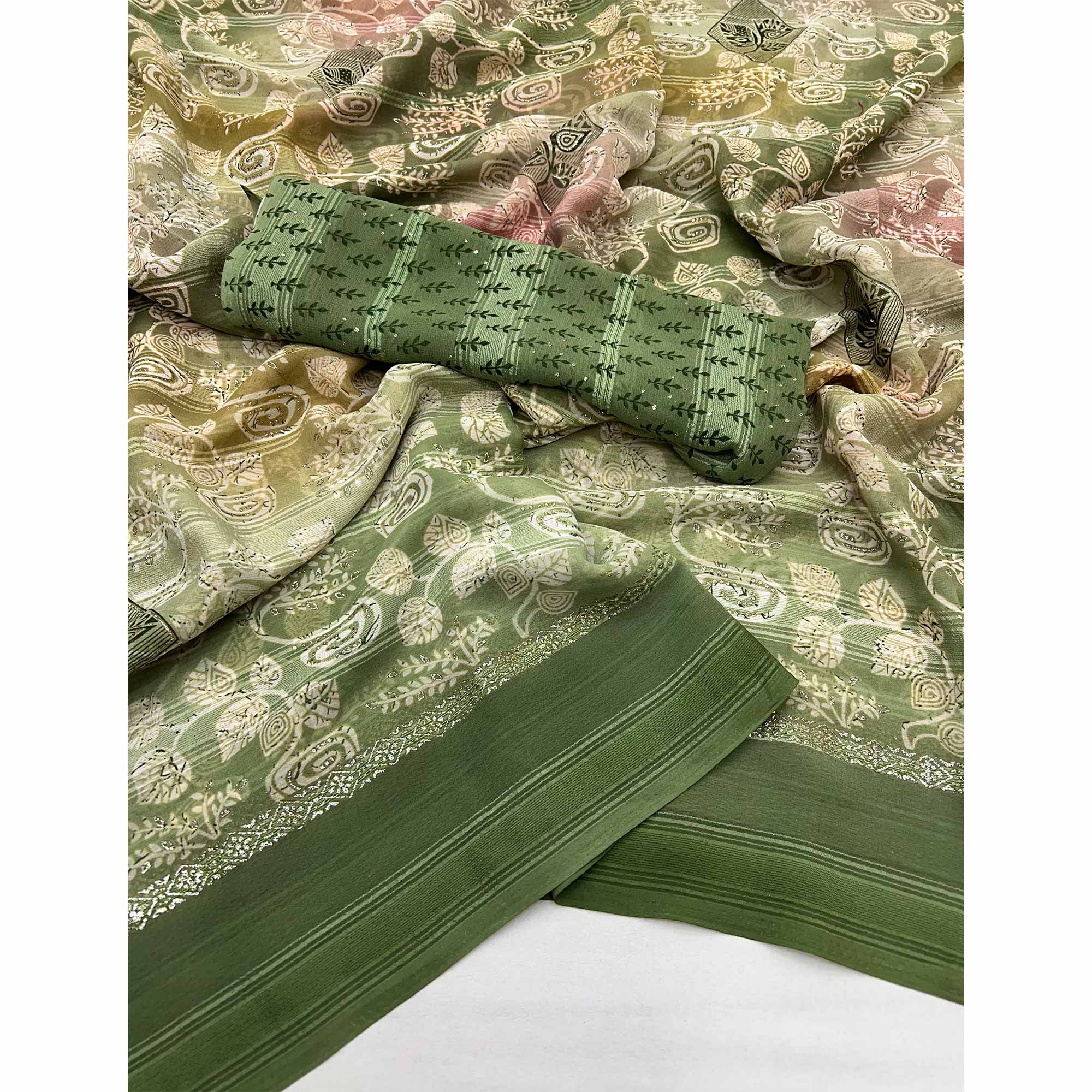 Green Floral Printed Georgette Saree