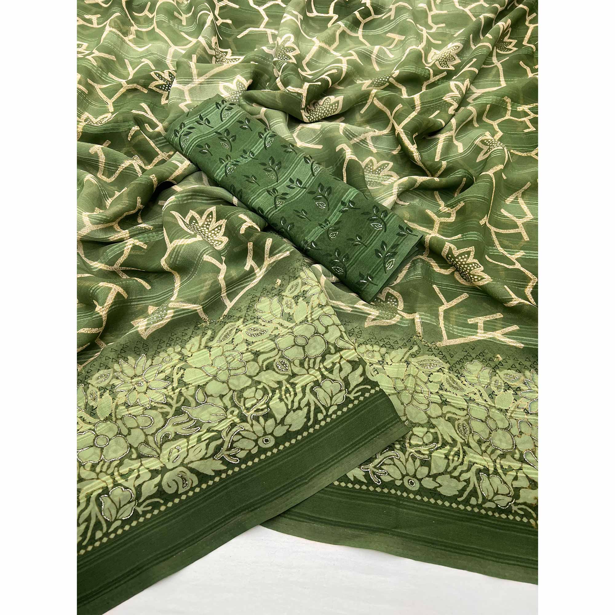 Green Floral Printed Georgette Saree