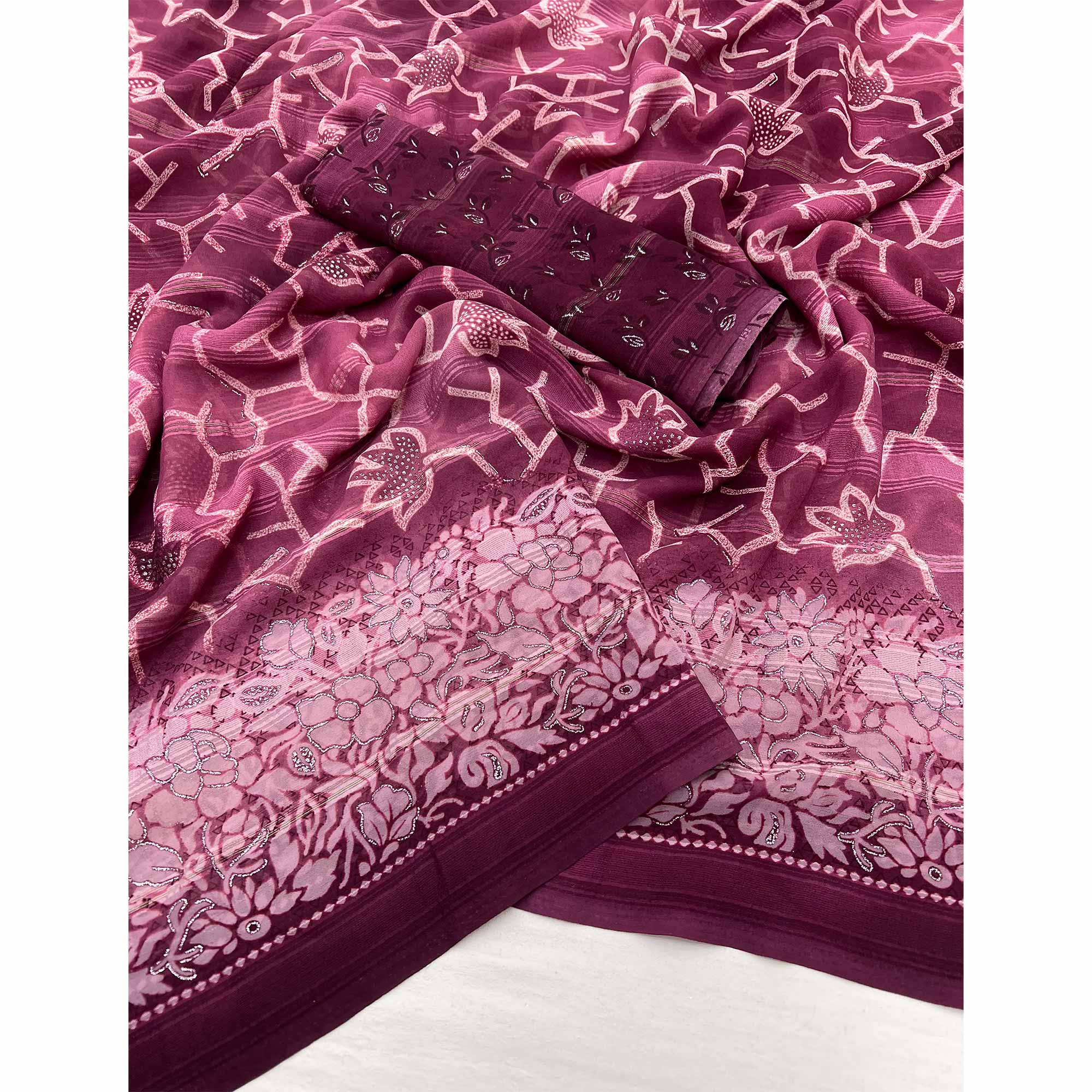 Dark Wine Floral Printed Georgette Saree