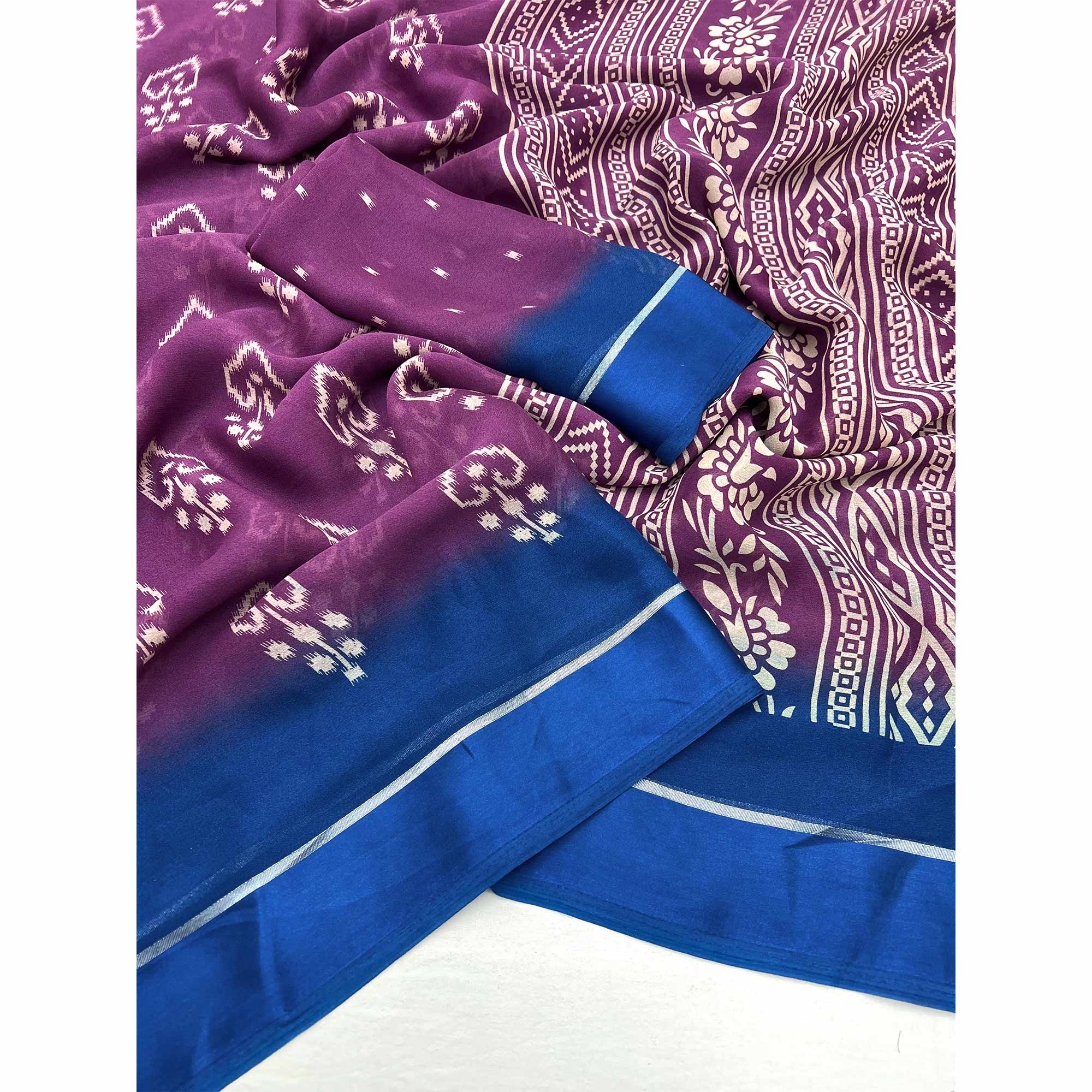 Purple Ikkat Printed Georgette Saree With Satin Border