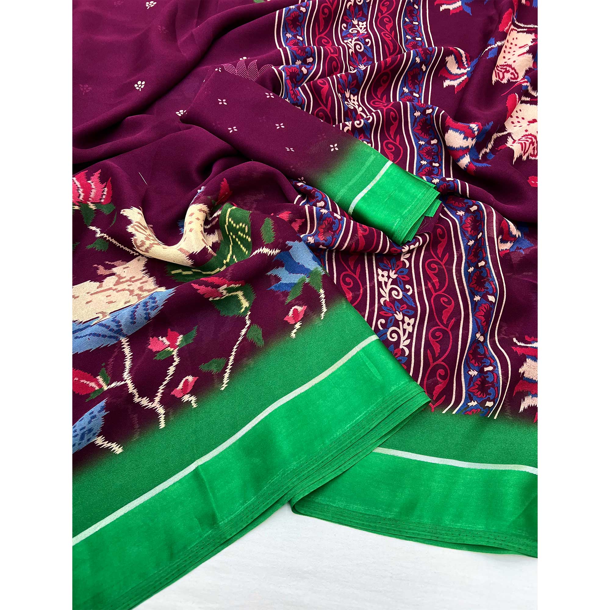Wine Floral Printed Georgette Saree With Satin Border