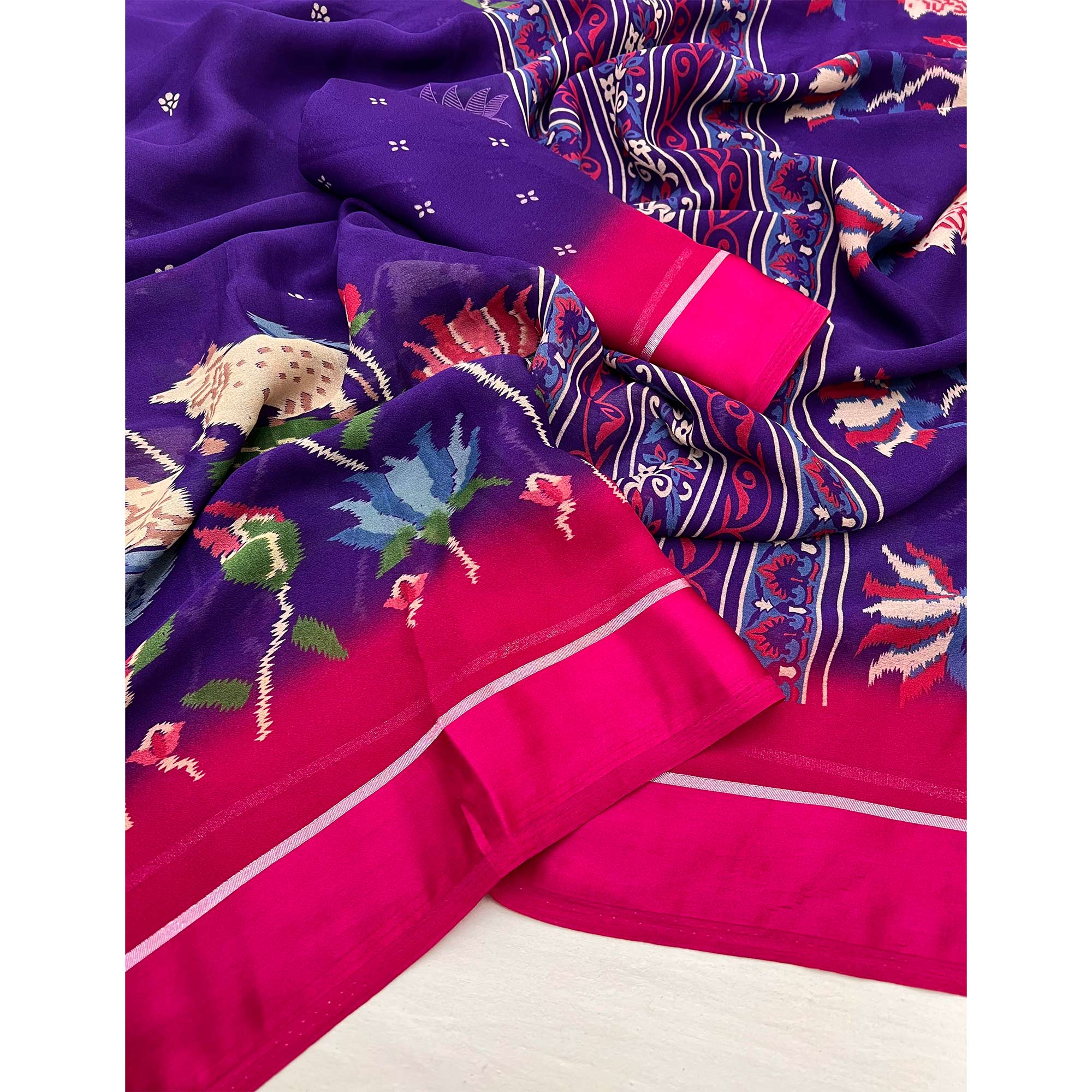 Violet Floral Printed Georgette Saree With Satin Border