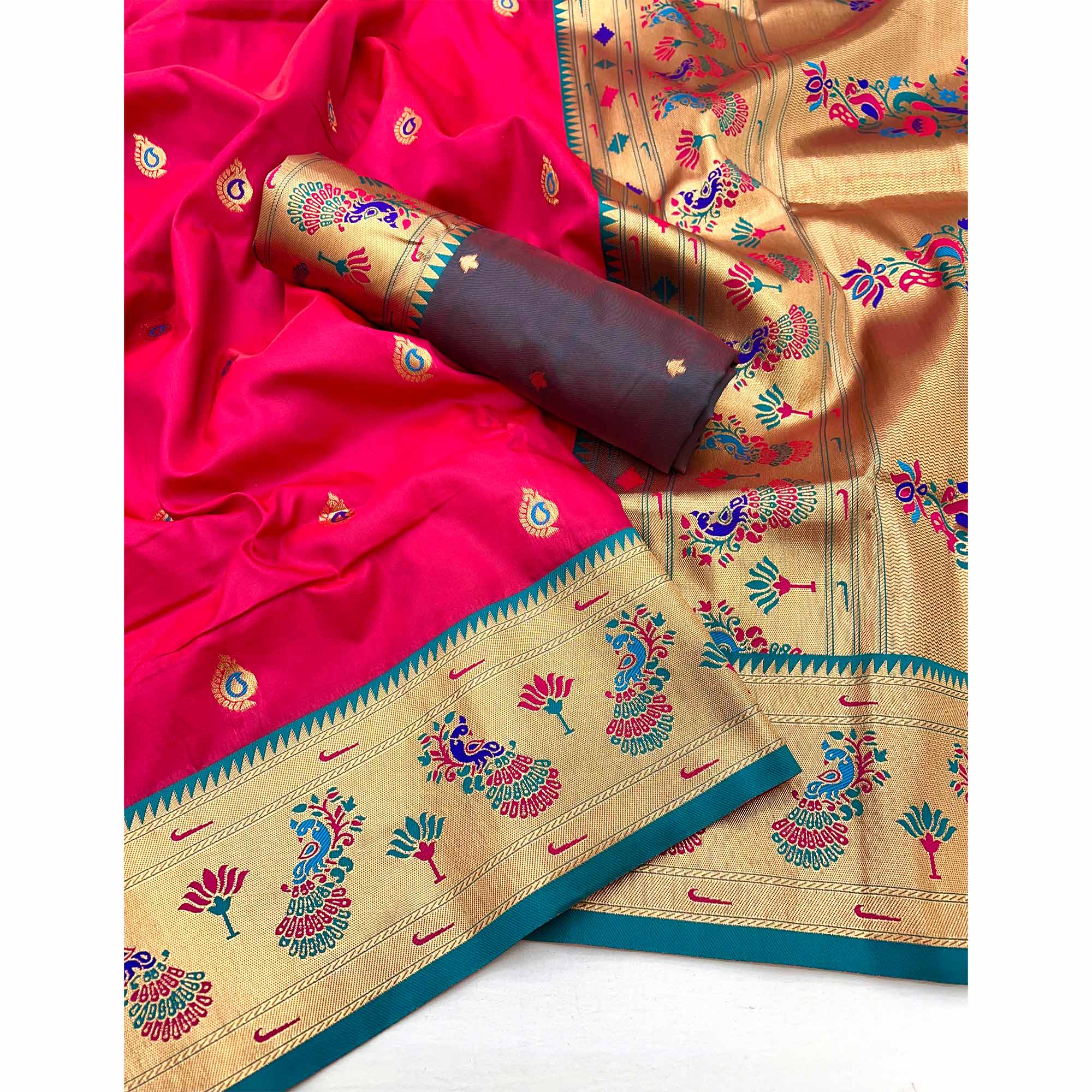 Pink Floral Woven Pure Silk Paithani Saree