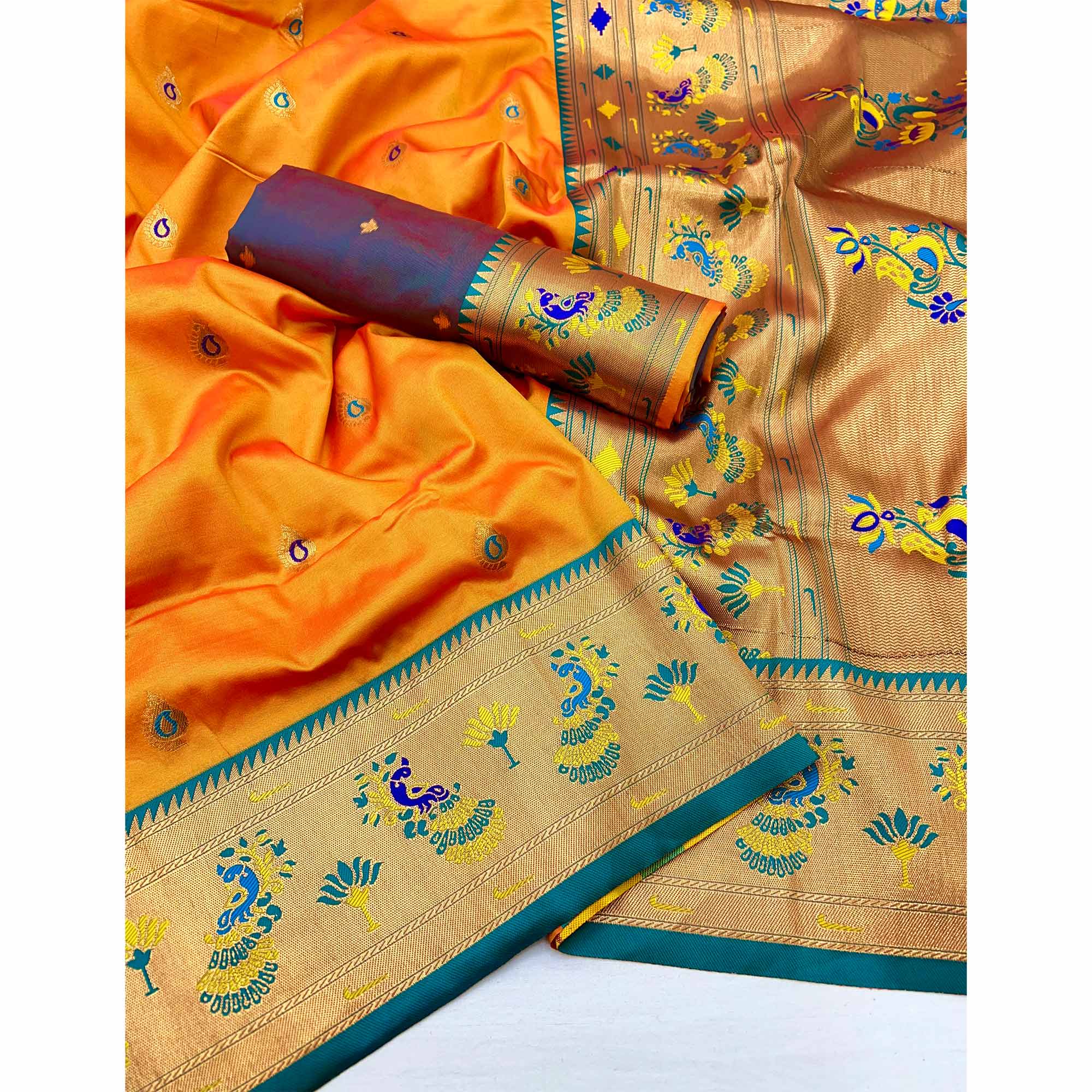 Mustard Floral Woven Pure Silk Paithani Saree