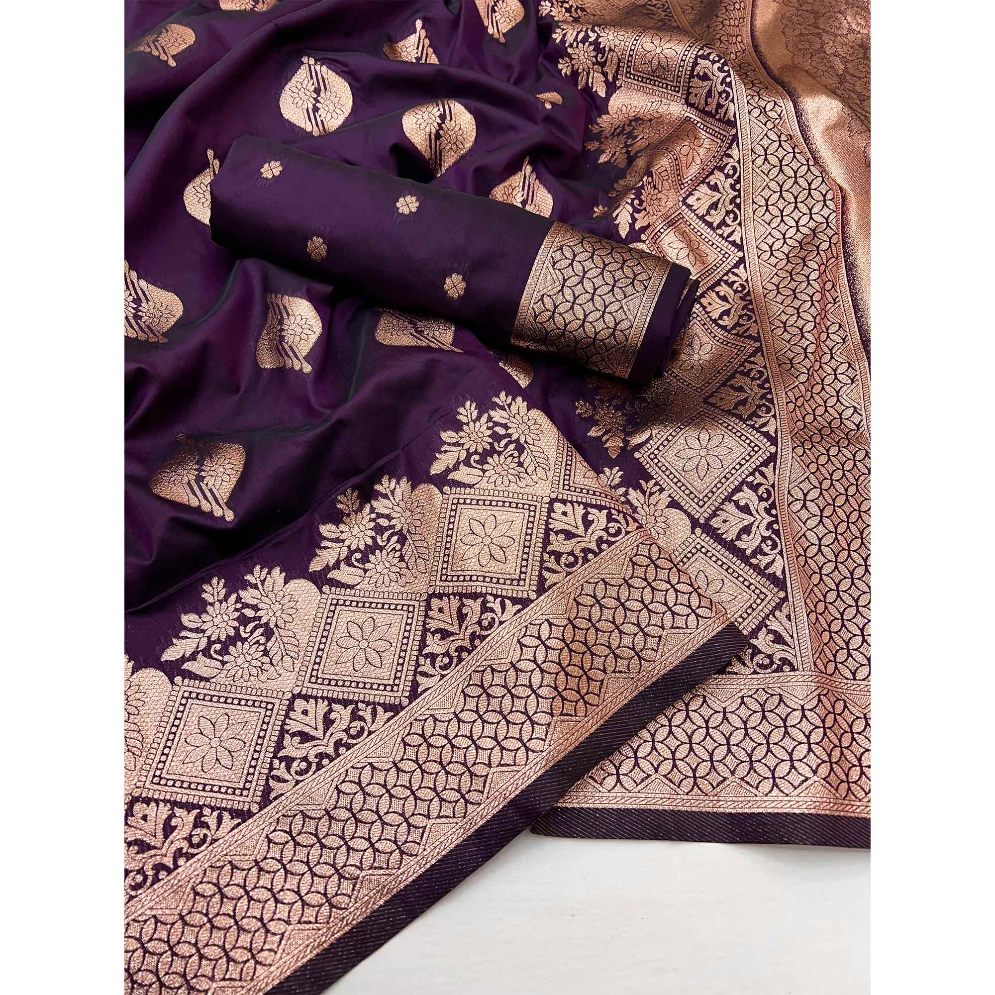Wine Floral Woven Banarasi Silk Saree