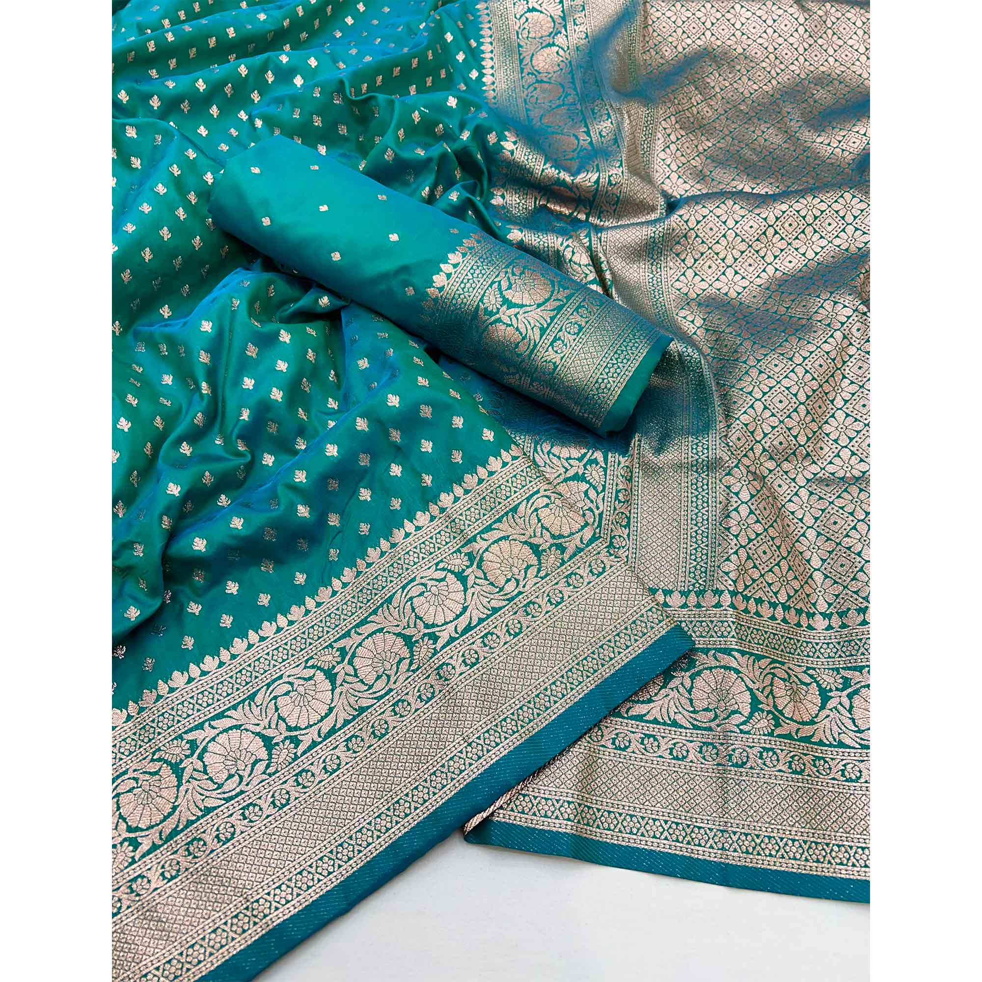 Rama Blue Floral Woven Banarasi Silk Saree