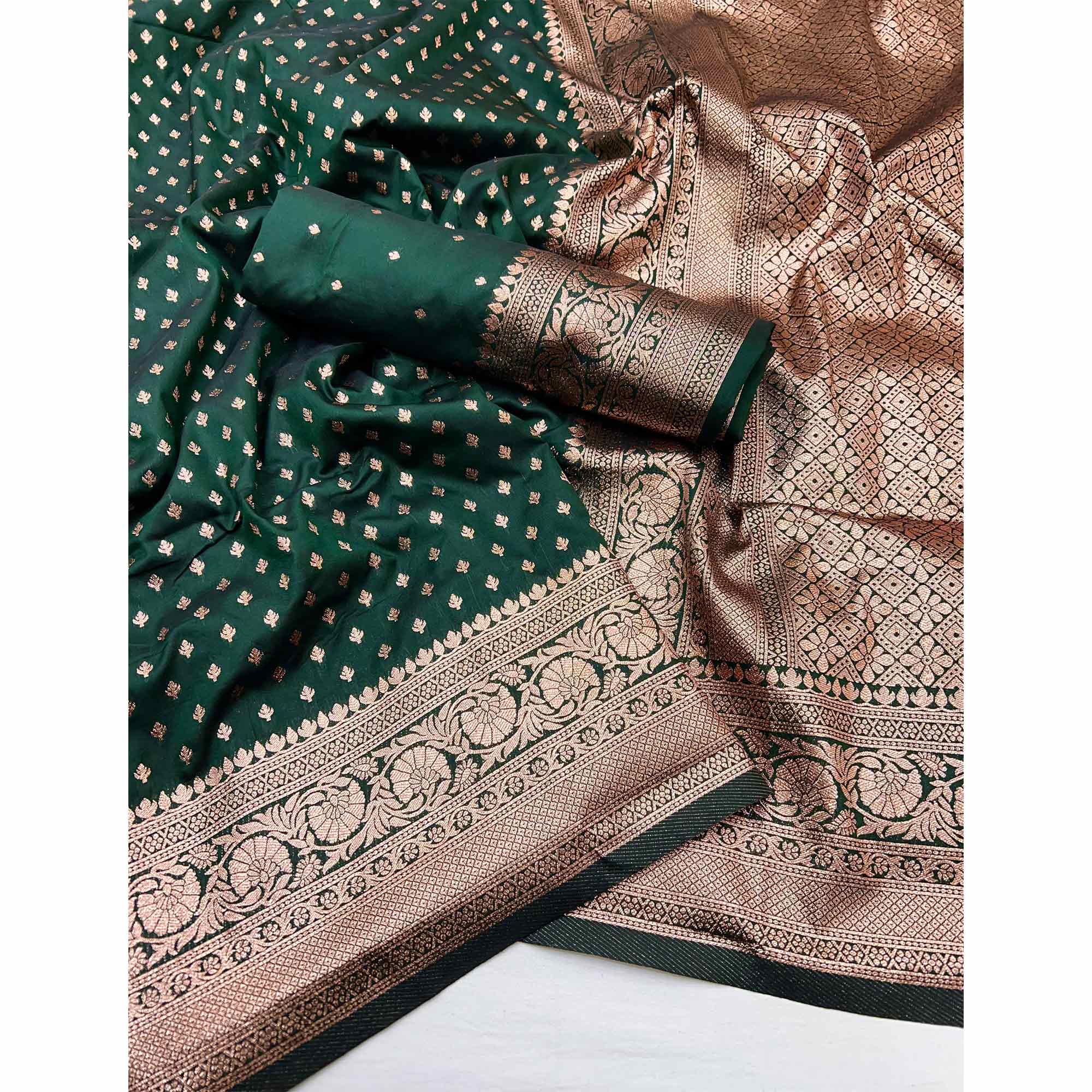 Bottle Green Floral Woven Banarasi Silk Saree