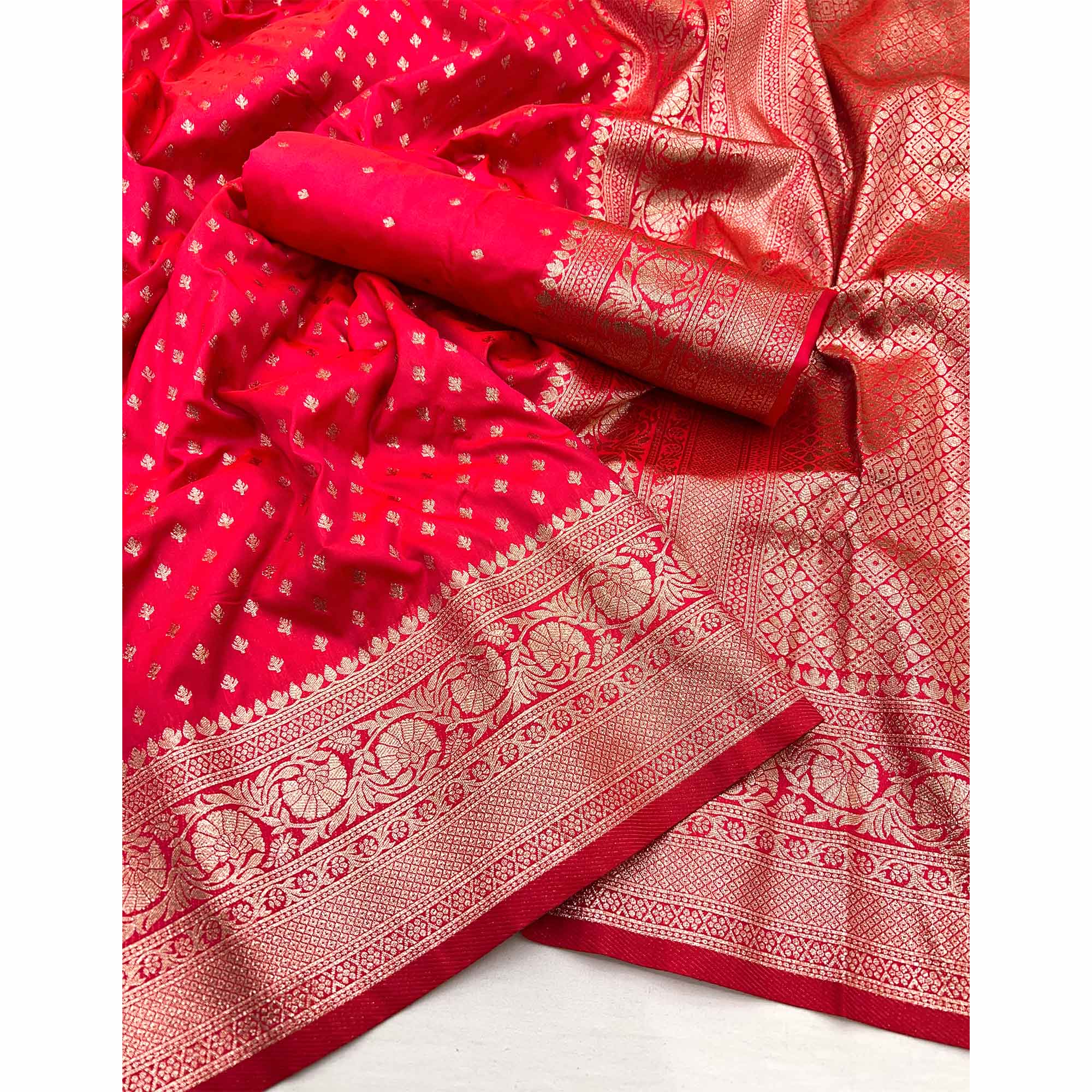 Cherry Red Floral Woven Banarasi Silk Saree
