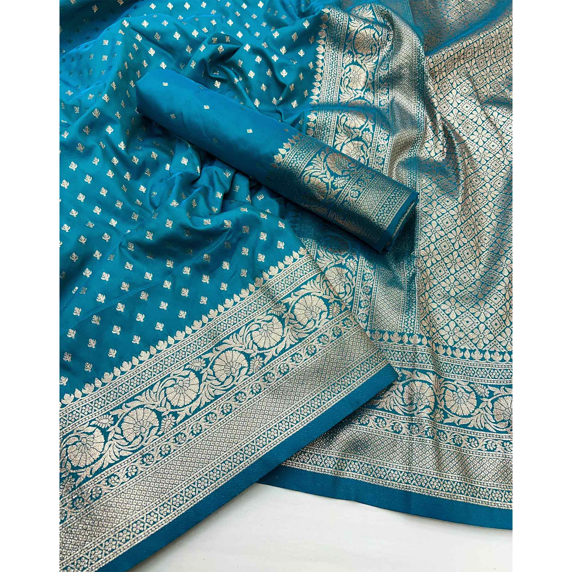 Blue Floral Woven Banarasi Silk Saree
