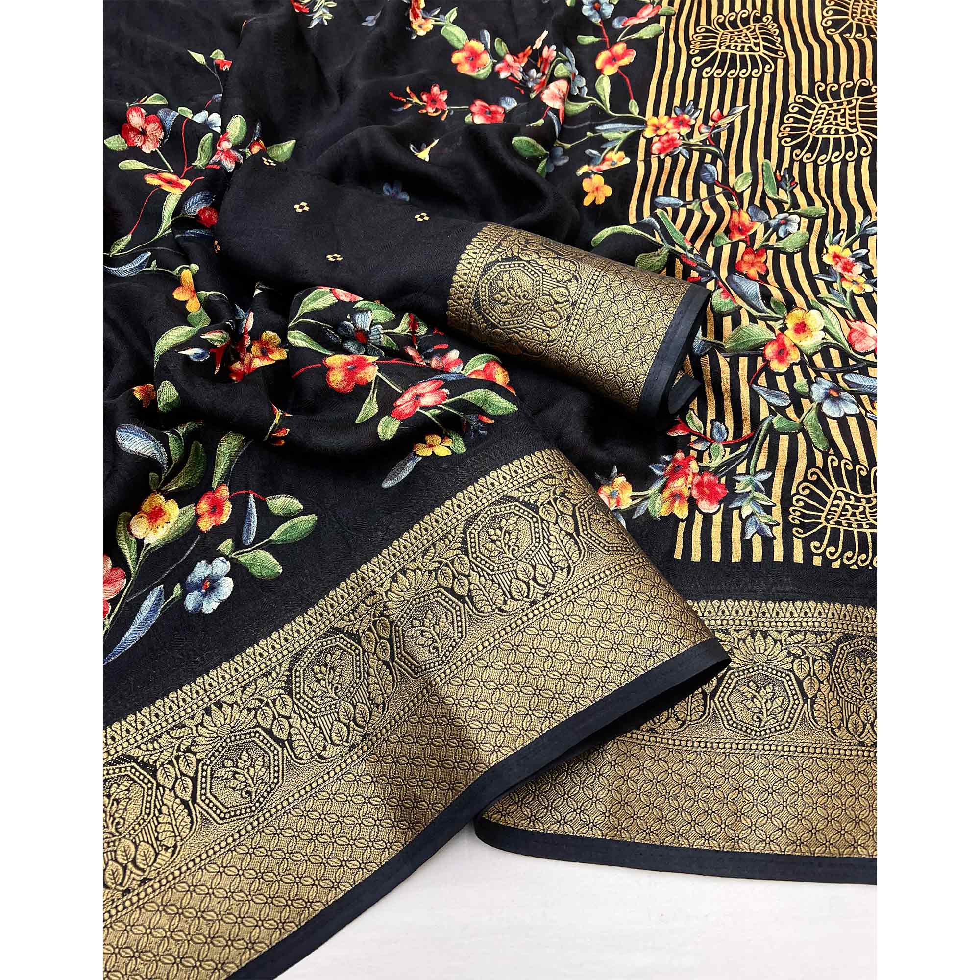 Black Floral Printed Georgette Saree With Woven Border