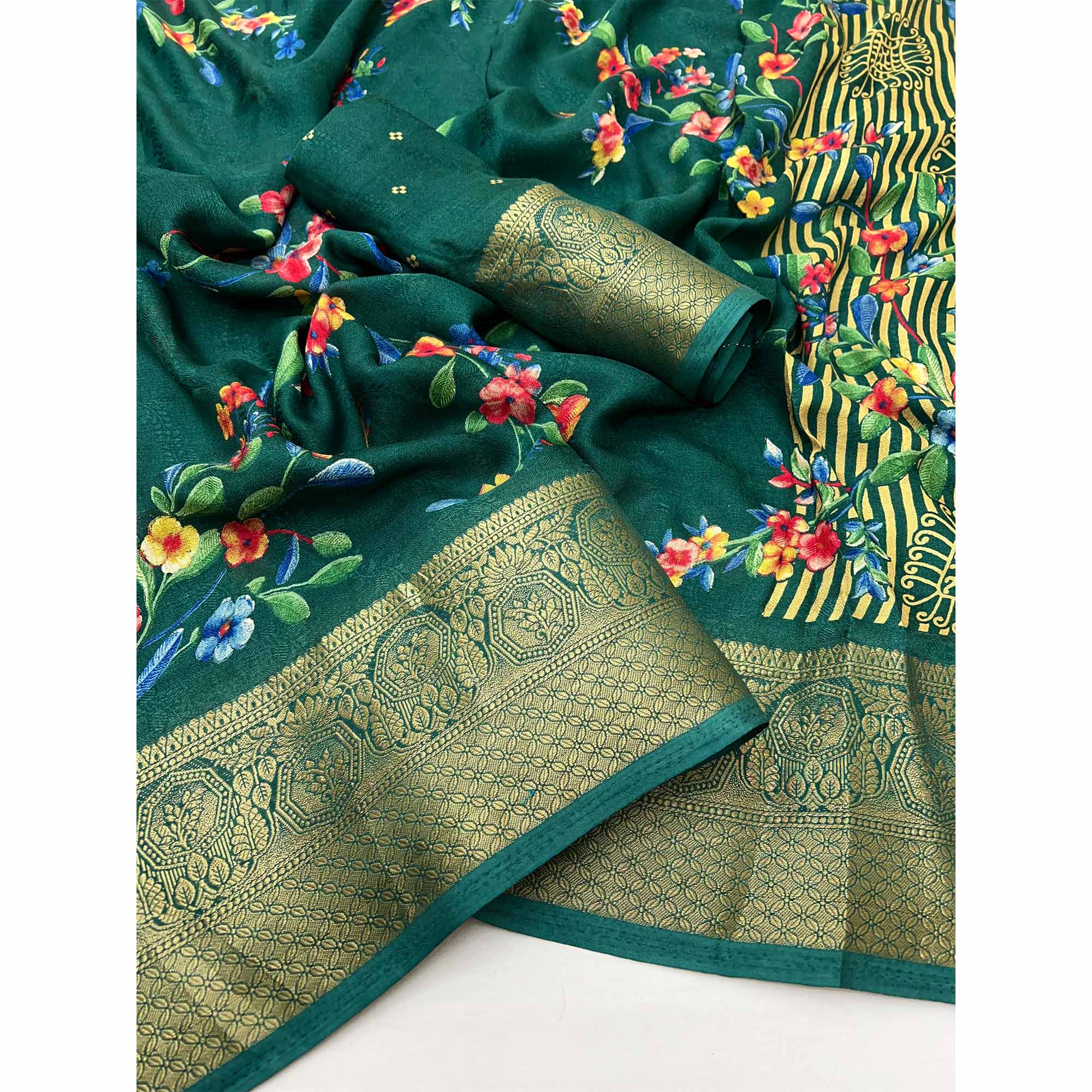 Green Floral Printed Georgette Saree With Woven Border