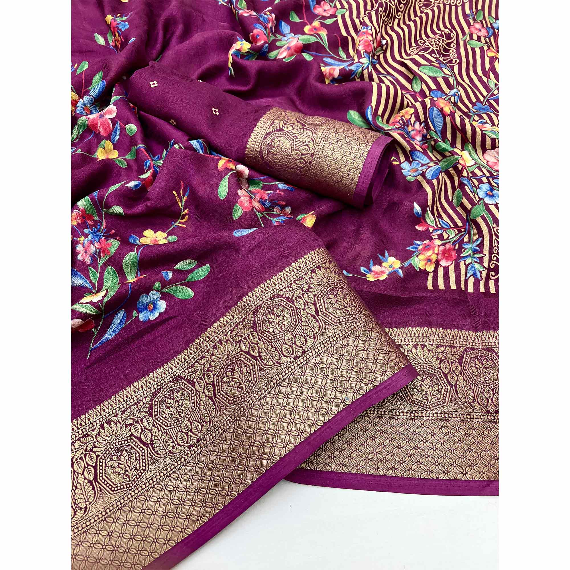 Purple Floral Printed Georgette Saree With Woven Border