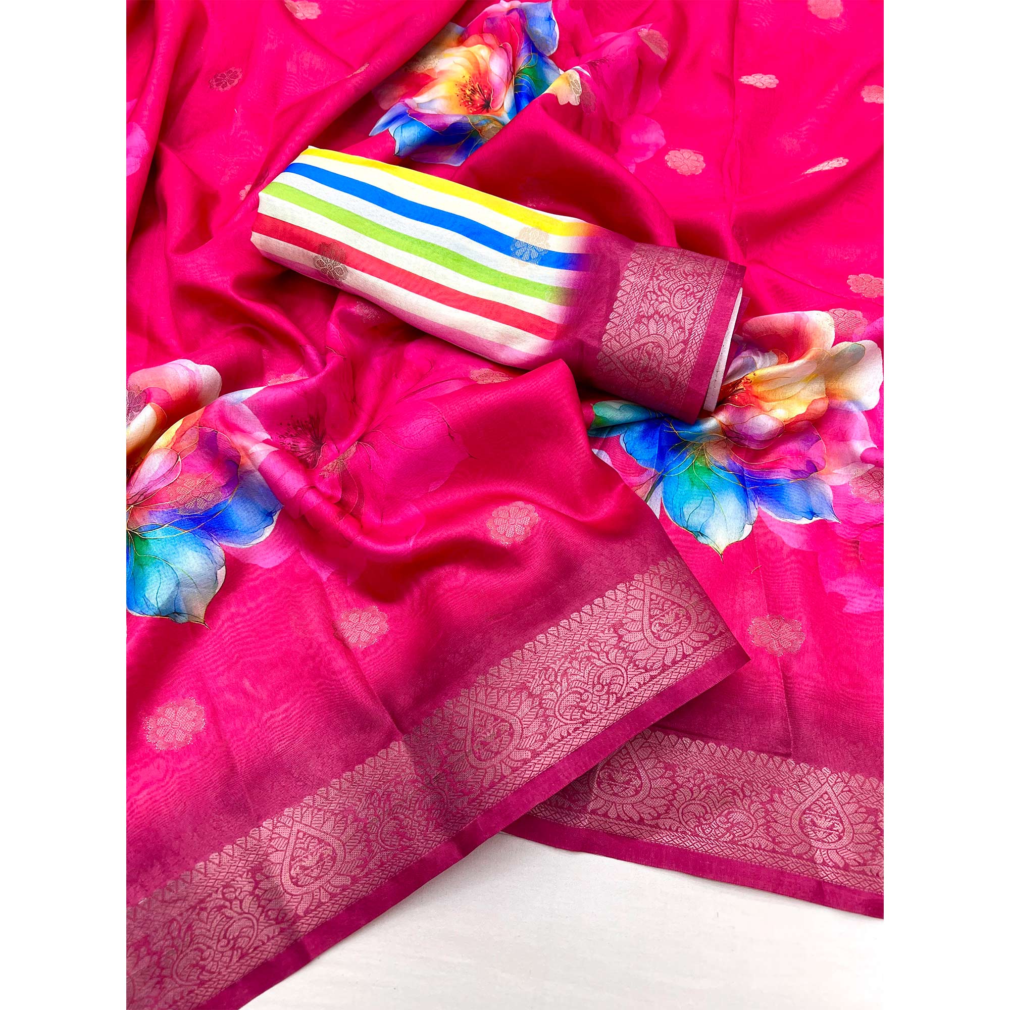 Rani Pink Floral Digital Printed Dola Silk Saree With Woven Border