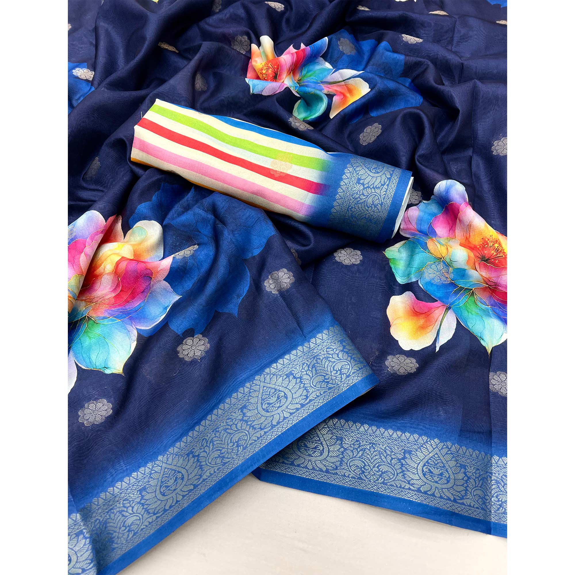 Blue Floral Digital Printed Dola Silk Saree With Woven Border