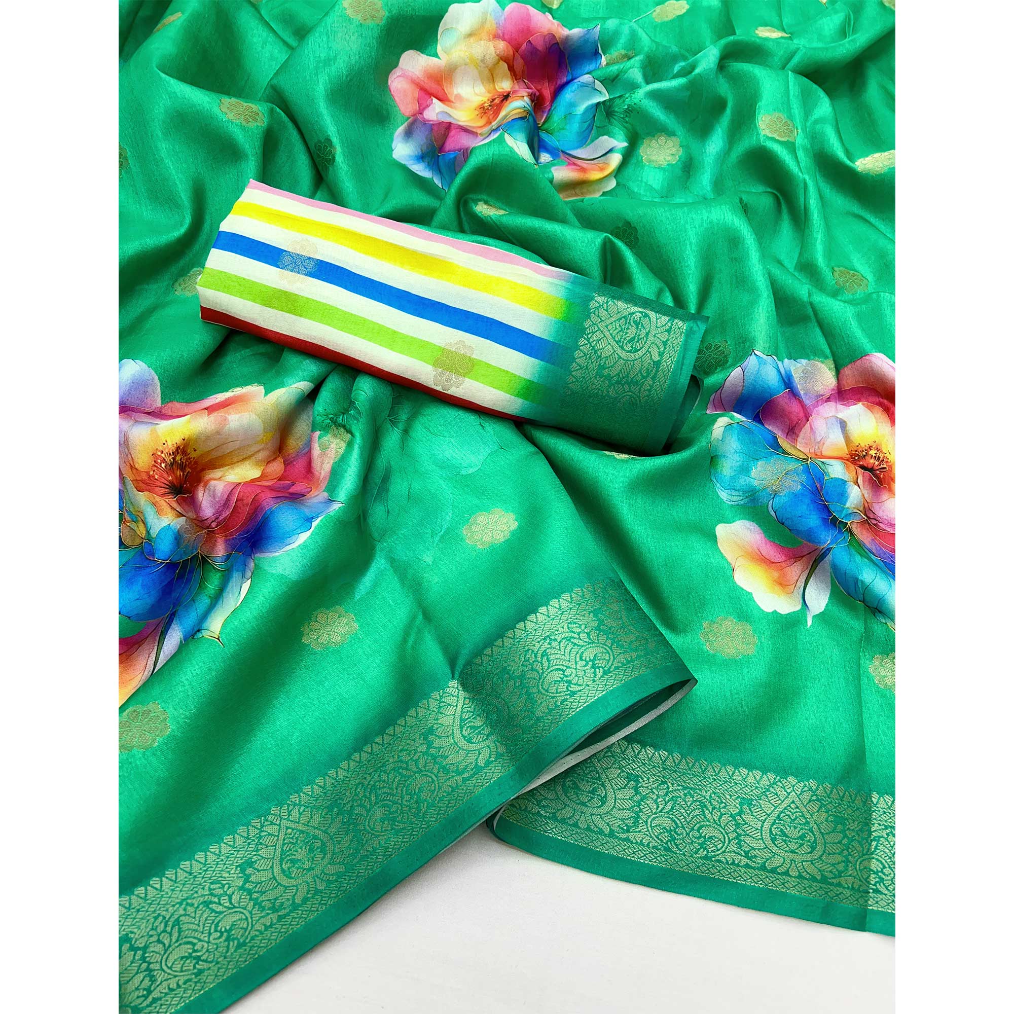 Green Floral Digital Printed Dola Silk Saree With Woven Border