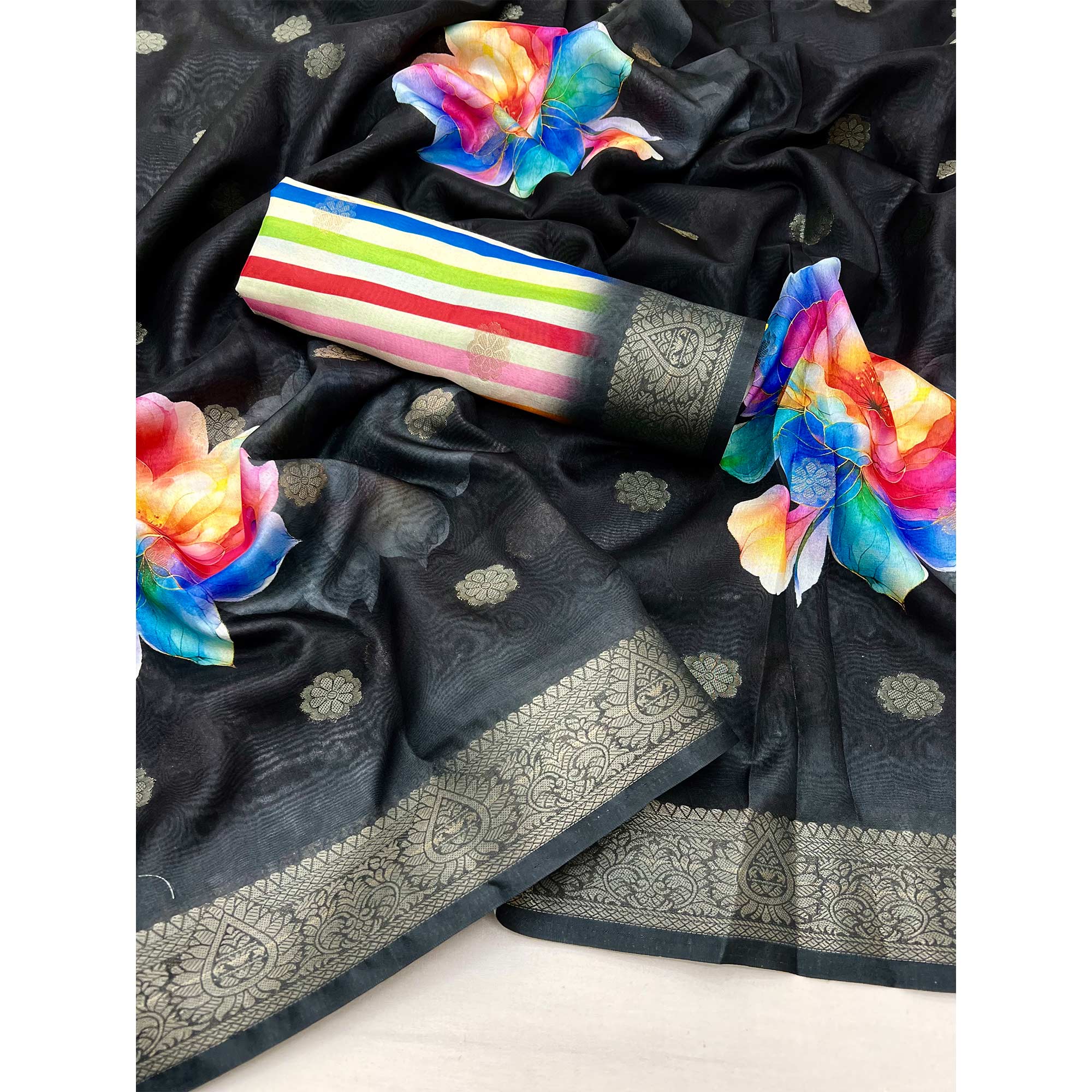 Black Floral Digital Printed Dola Silk Saree With Woven Border