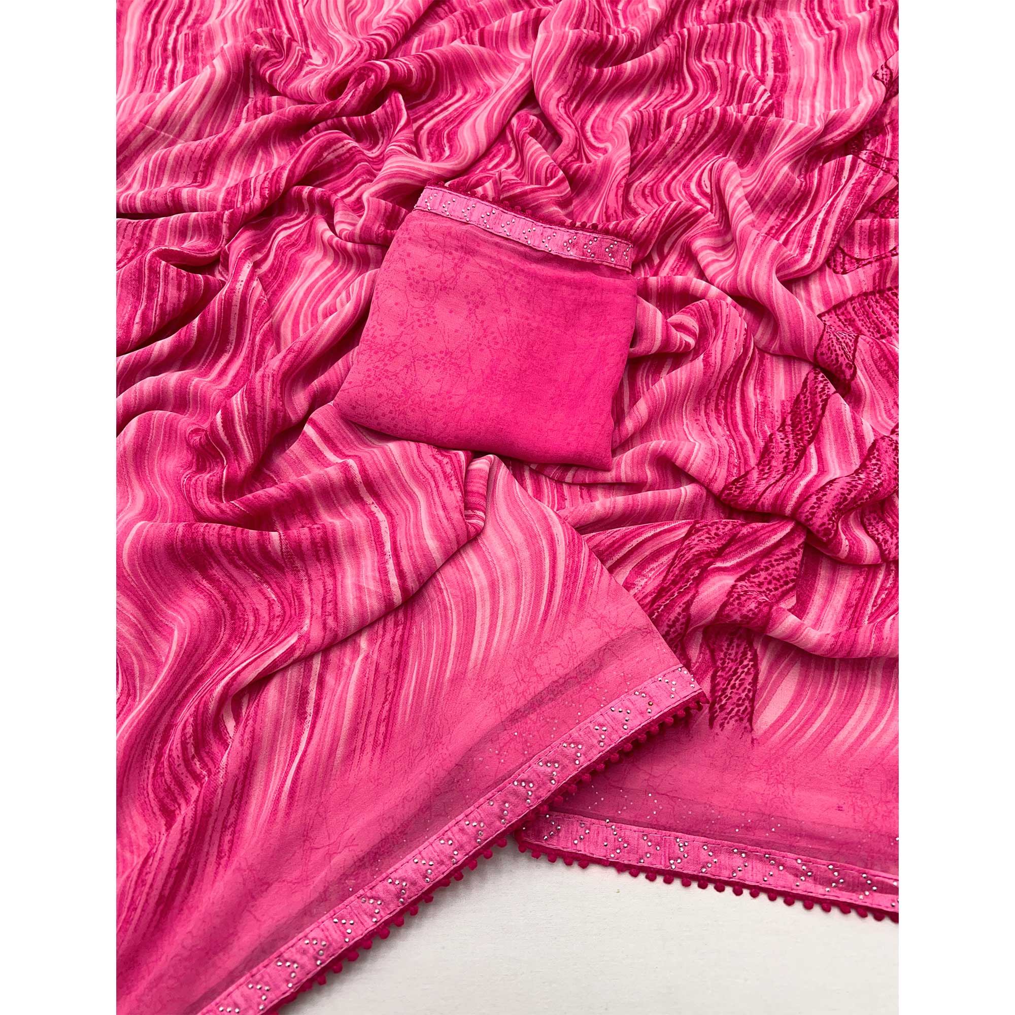 Pink Printed Georgette Saree With Fancy Lace Border