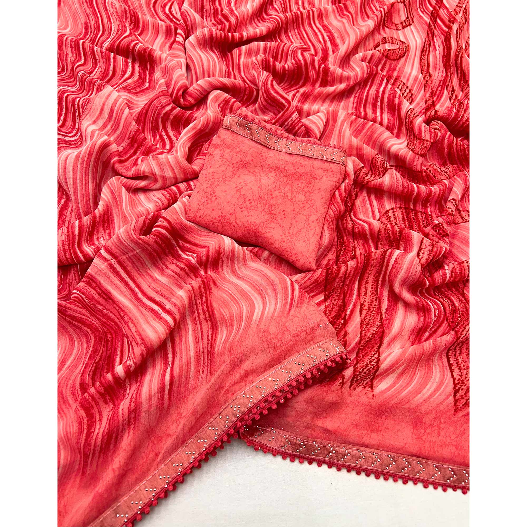 Gajari Pink Printed Georgette Saree With Fancy Lace Border