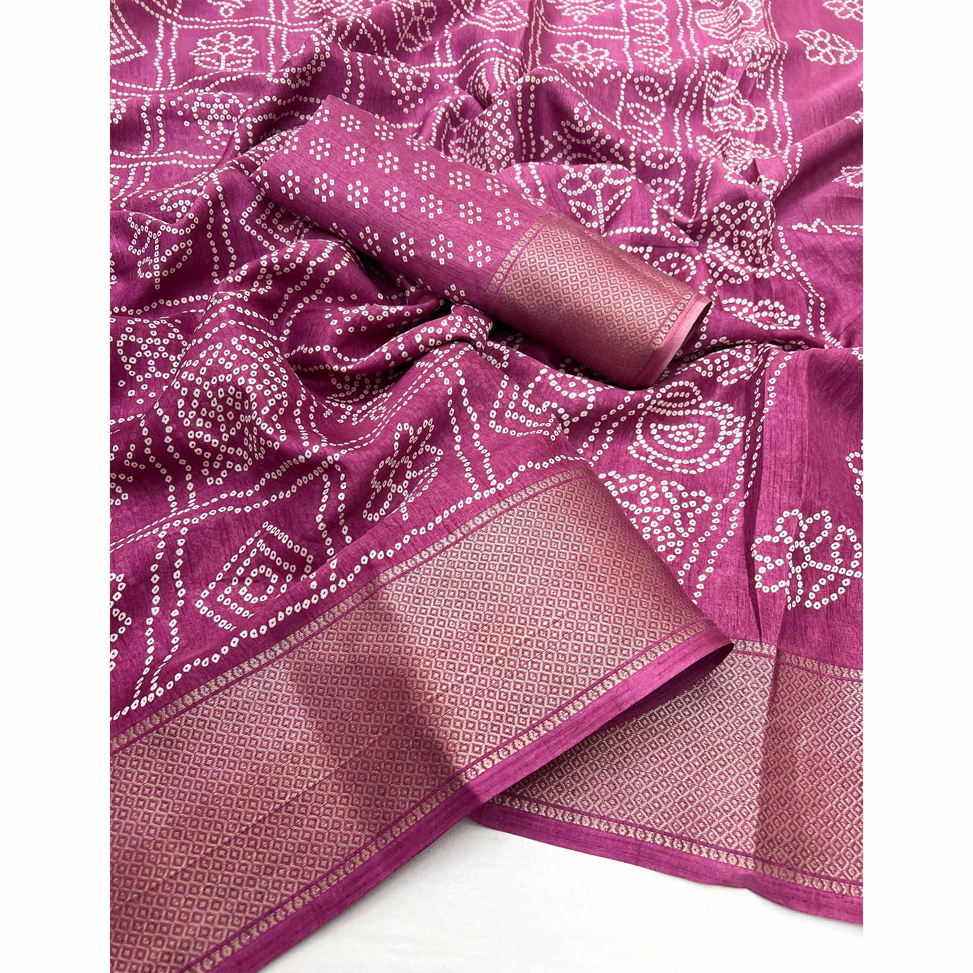 Dark Magenta Bandhani Printed Dola Silk Saree With Woven Border
