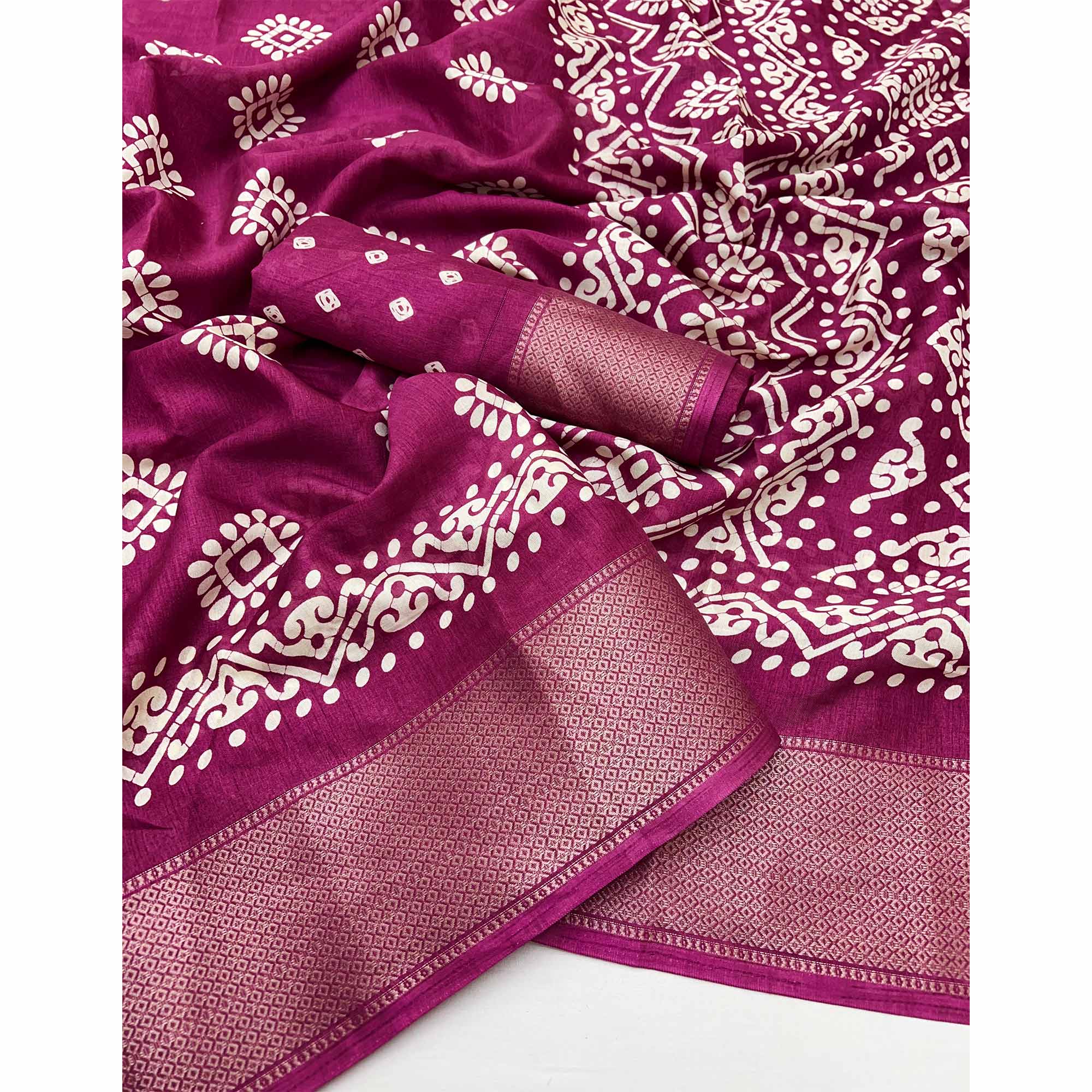 Dark Magenta Batik Printed Dola Silk Saree With Woven Border