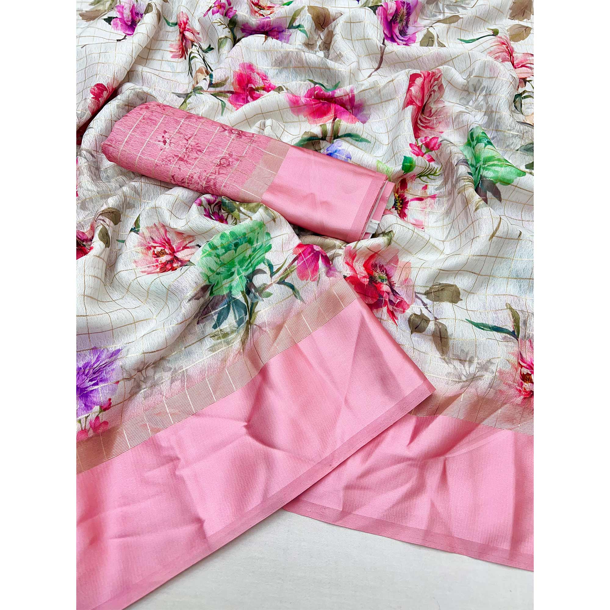 White Floral Digital Printed With Zari Woven Georgette Saree