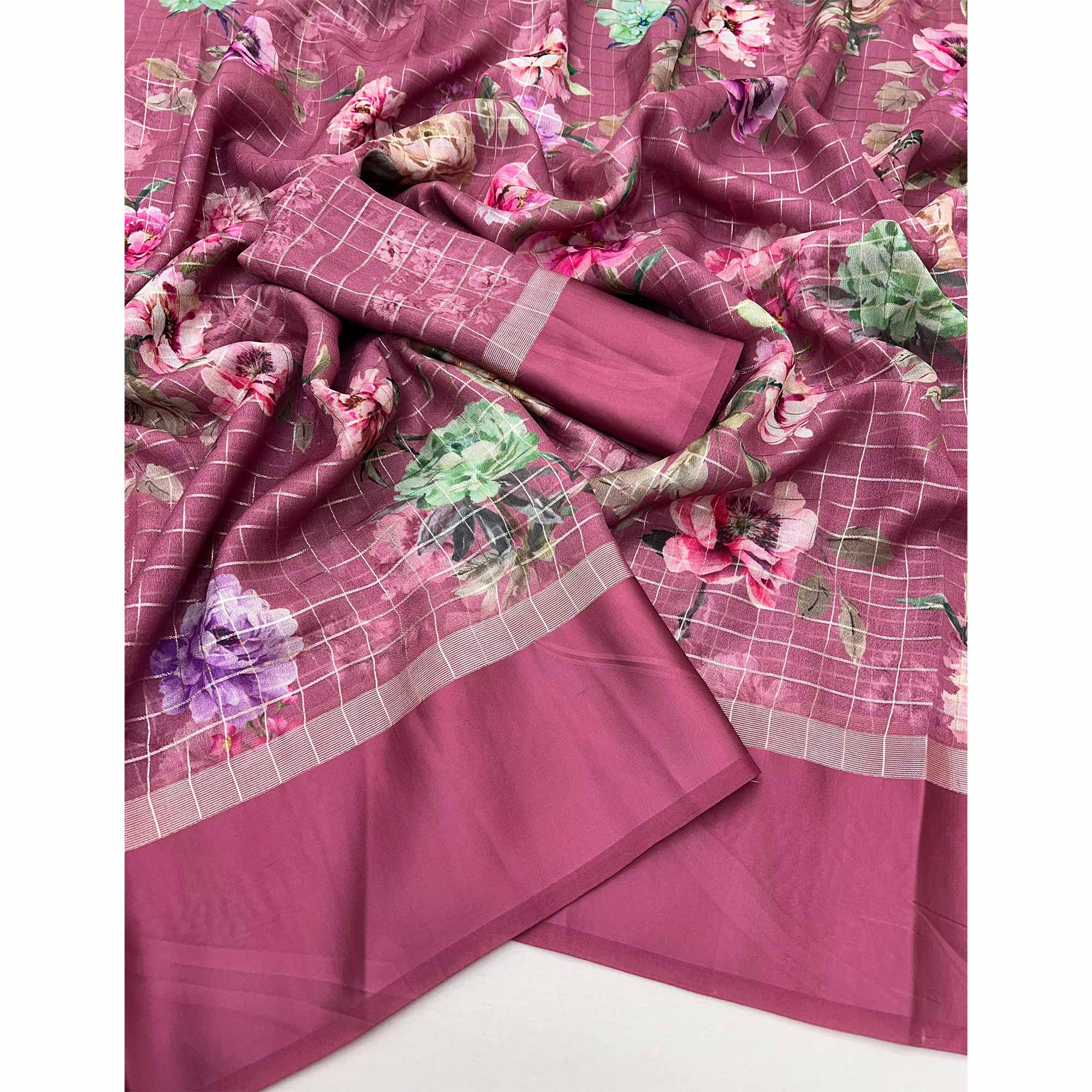 Dusty Rose Pink Floral Digital Printed With Zari Woven Georgette Saree