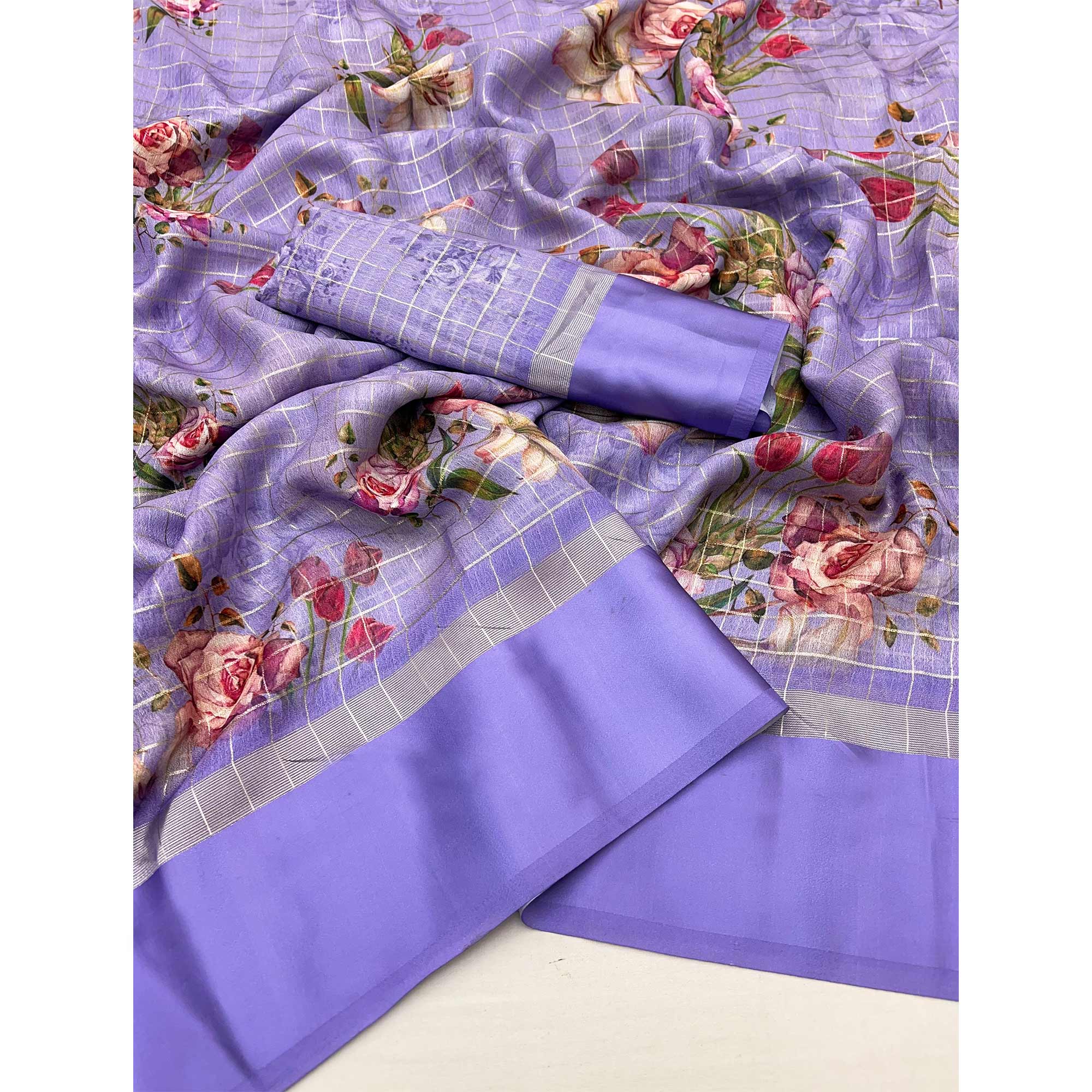 Lavender Floral Digital Printed With Zari Woven Georgette Saree