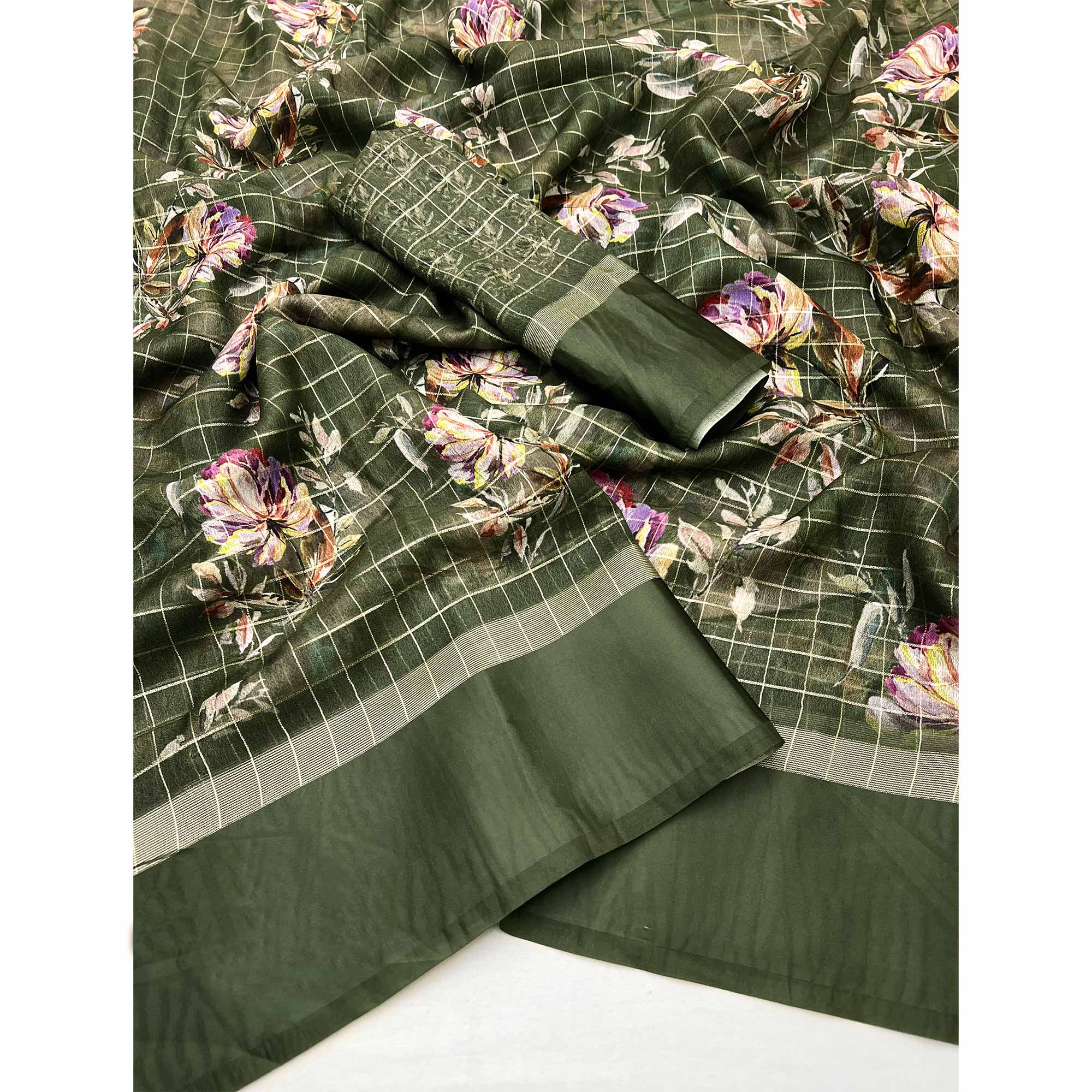 Mehendi Green Floral Digital Printed With Zari Woven Georgette Saree