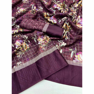 Wine Floral Digital Printed With Zari Woven Georgette Saree