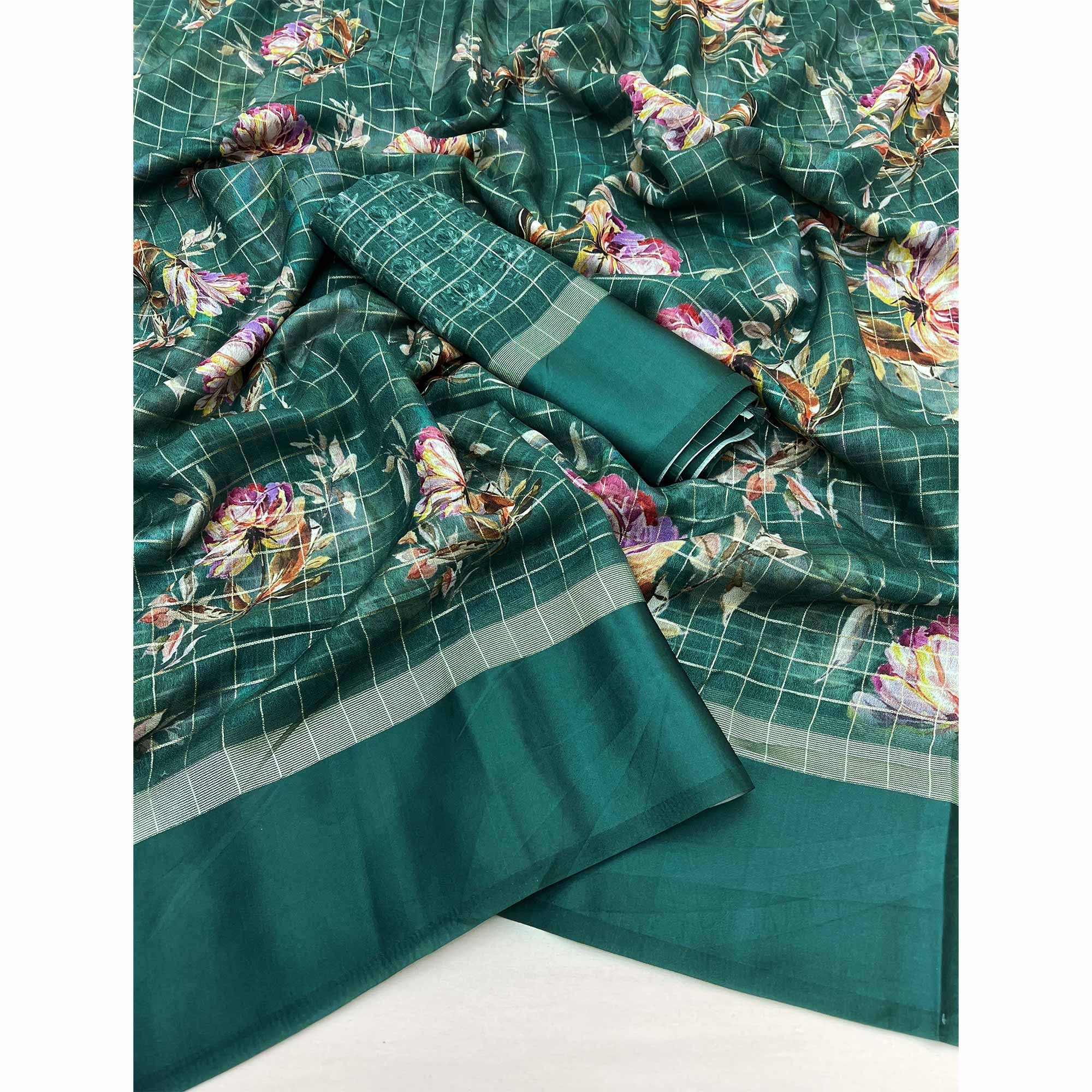 Green Floral Digital Printed With Zari Woven Georgette Saree