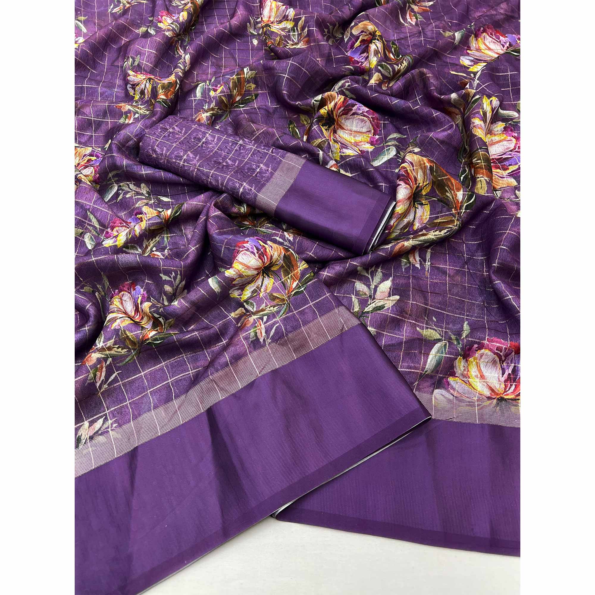 Purple Floral Digital Printed With Zari Woven Georgette Saree