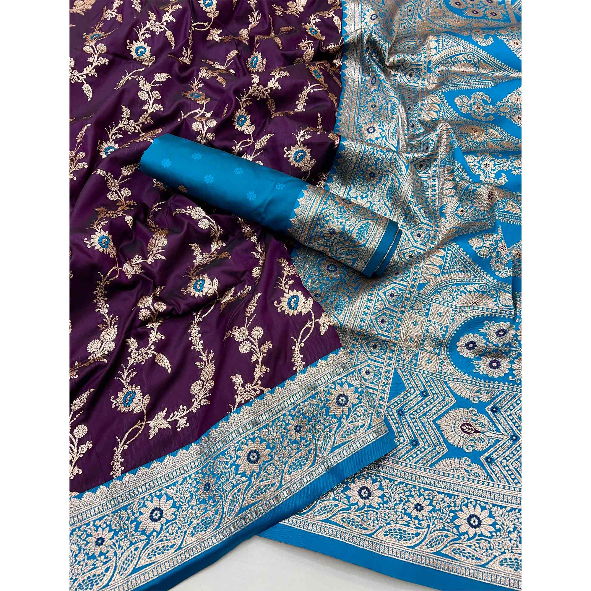 Dark Purple Art Silk Saree With Intricate Floral Banarasi Zari Weaving
