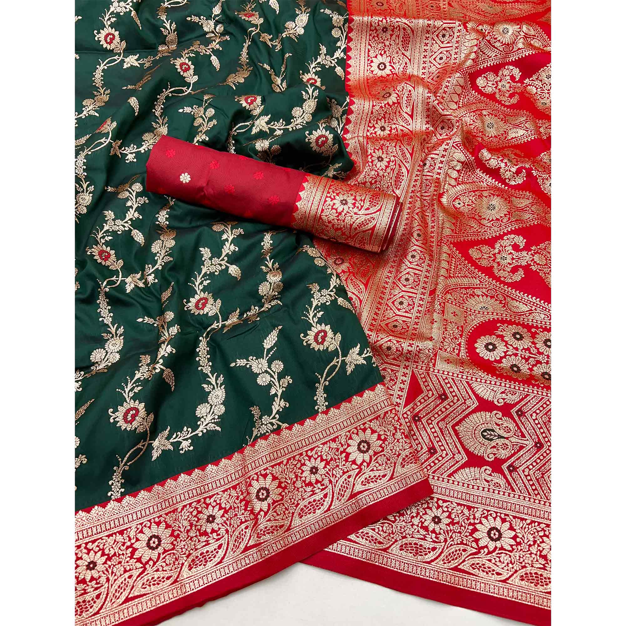 Dark Green Art Silk Saree With Intricate Floral Banarasi Zari Weaving