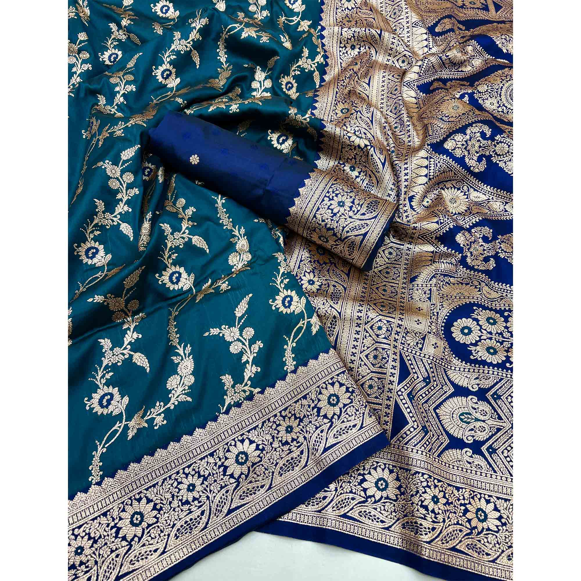 Teal Art Silk Saree With Intricate Floral Banarasi Zari Weaving