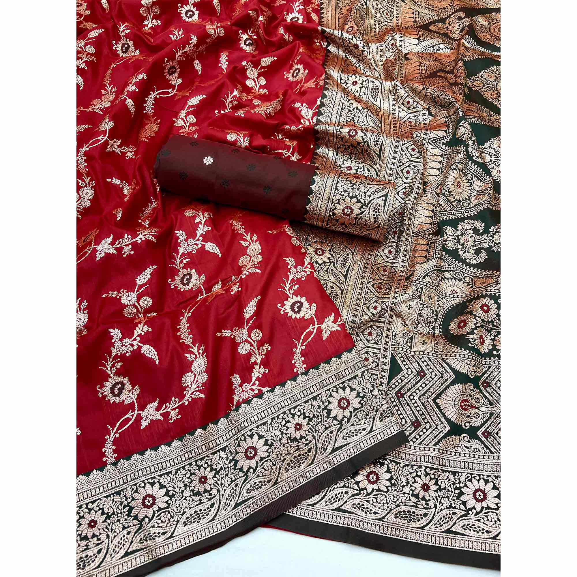 Red Art Silk Saree With Intricate Floral Banarasi Zari Weaving